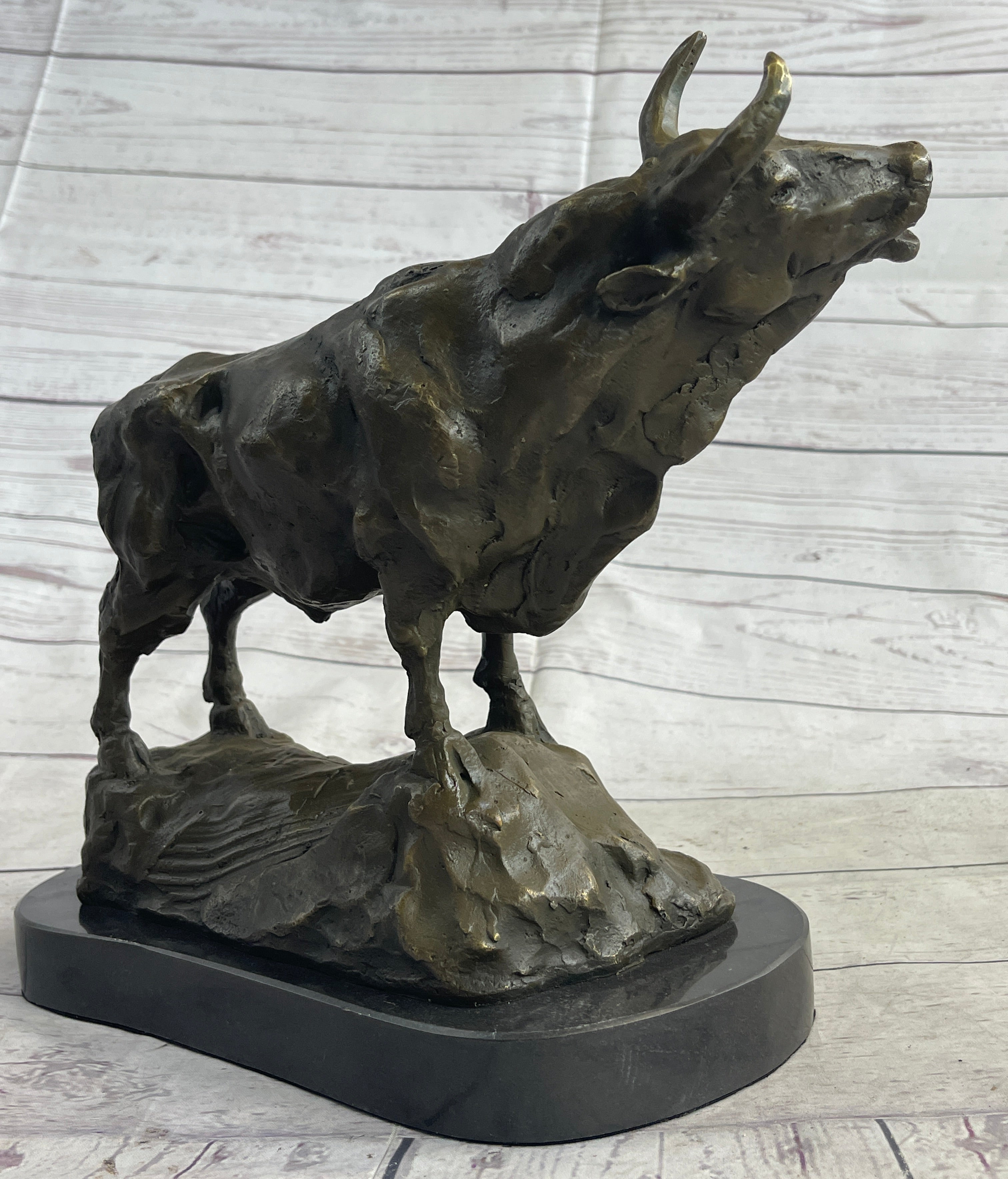 Bull Cow Cattle Farm Animal Bronze Metal Statue Sculpture on Marble Base