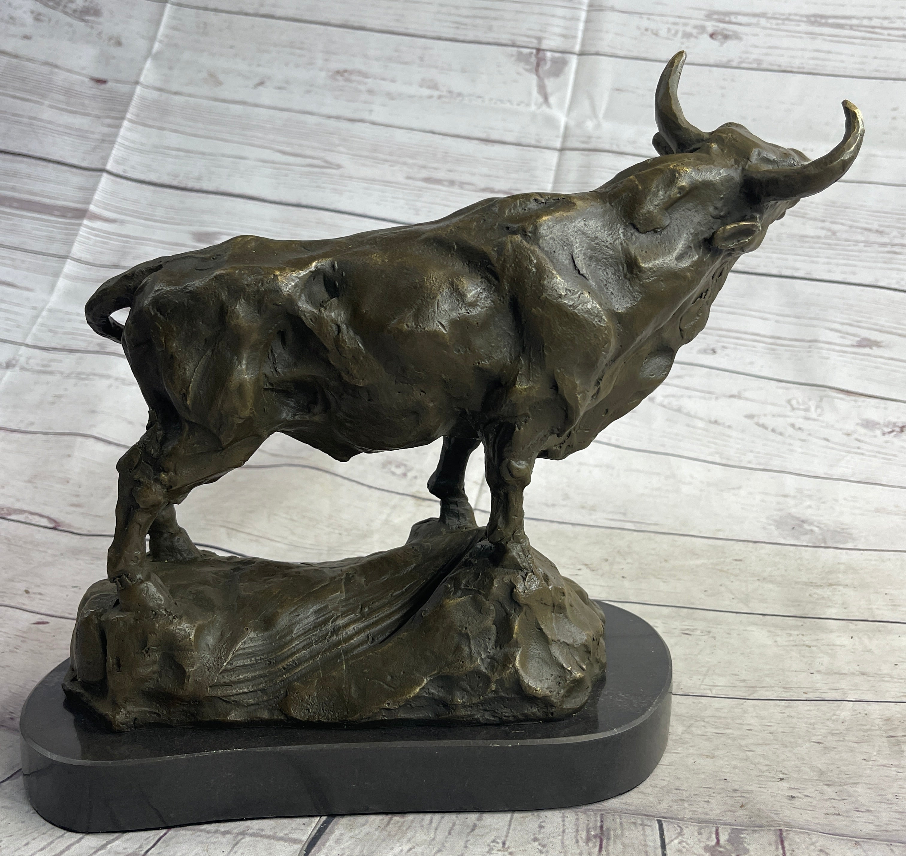 Bull Cow Cattle Farm Animal Bronze Metal Statue Sculpture on Marble Base
