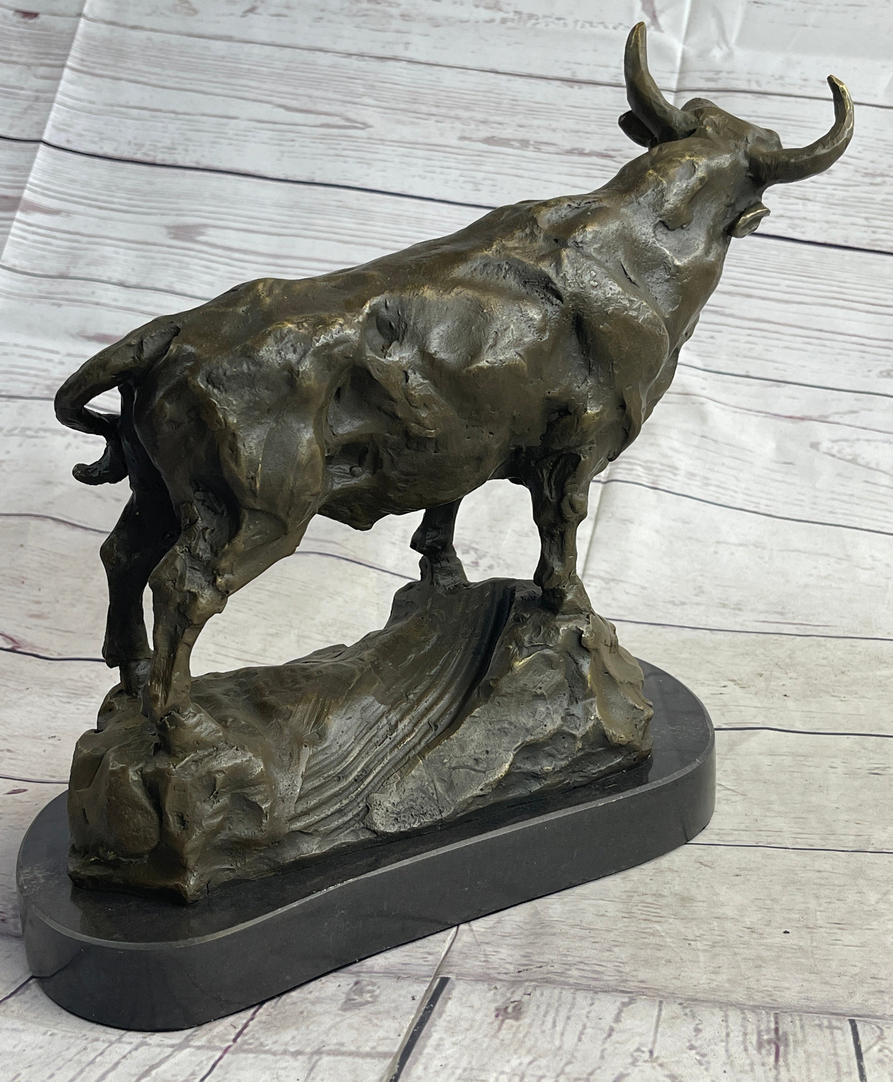 Bull Cow Cattle Farm Animal Bronze Metal Statue Sculpture on Marble Base