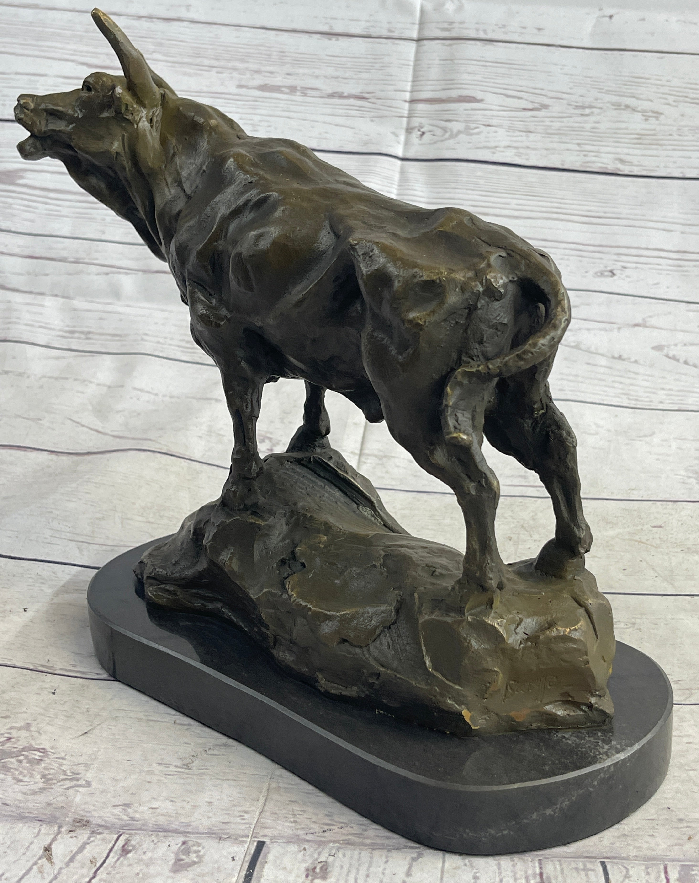 Bull Cow Cattle Farm Animal Bronze Metal Statue Sculpture on Marble Base