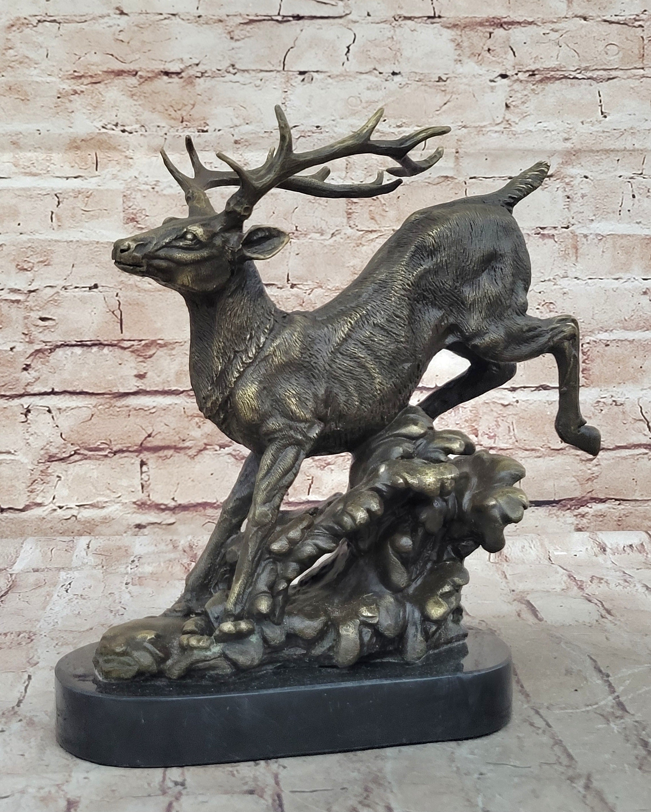 Running Deer Elk Buck Stag Caribou Reindeer Bronze Metal Sculpture Statue 11" x 10"