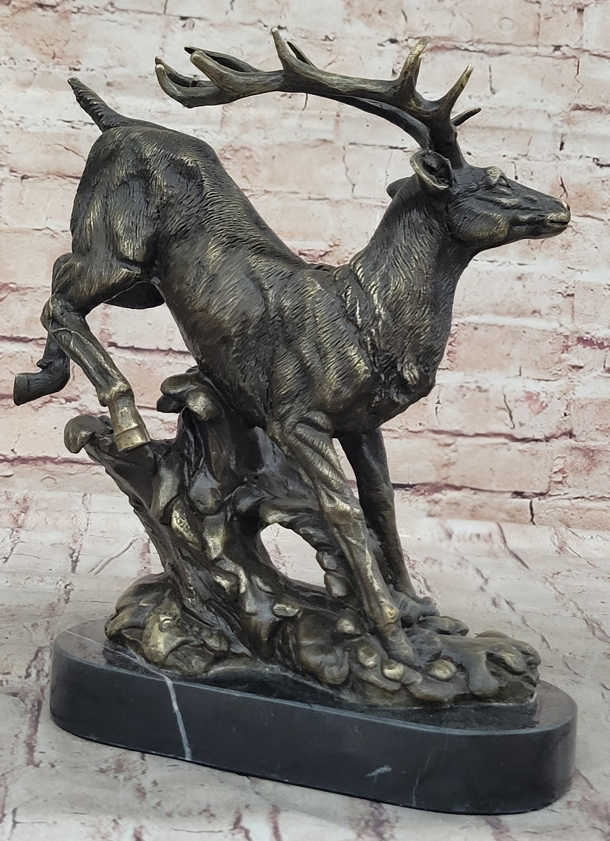 Running Deer Elk Buck Stag Caribou Reindeer Bronze Metal Sculpture Statue 11" x 10"