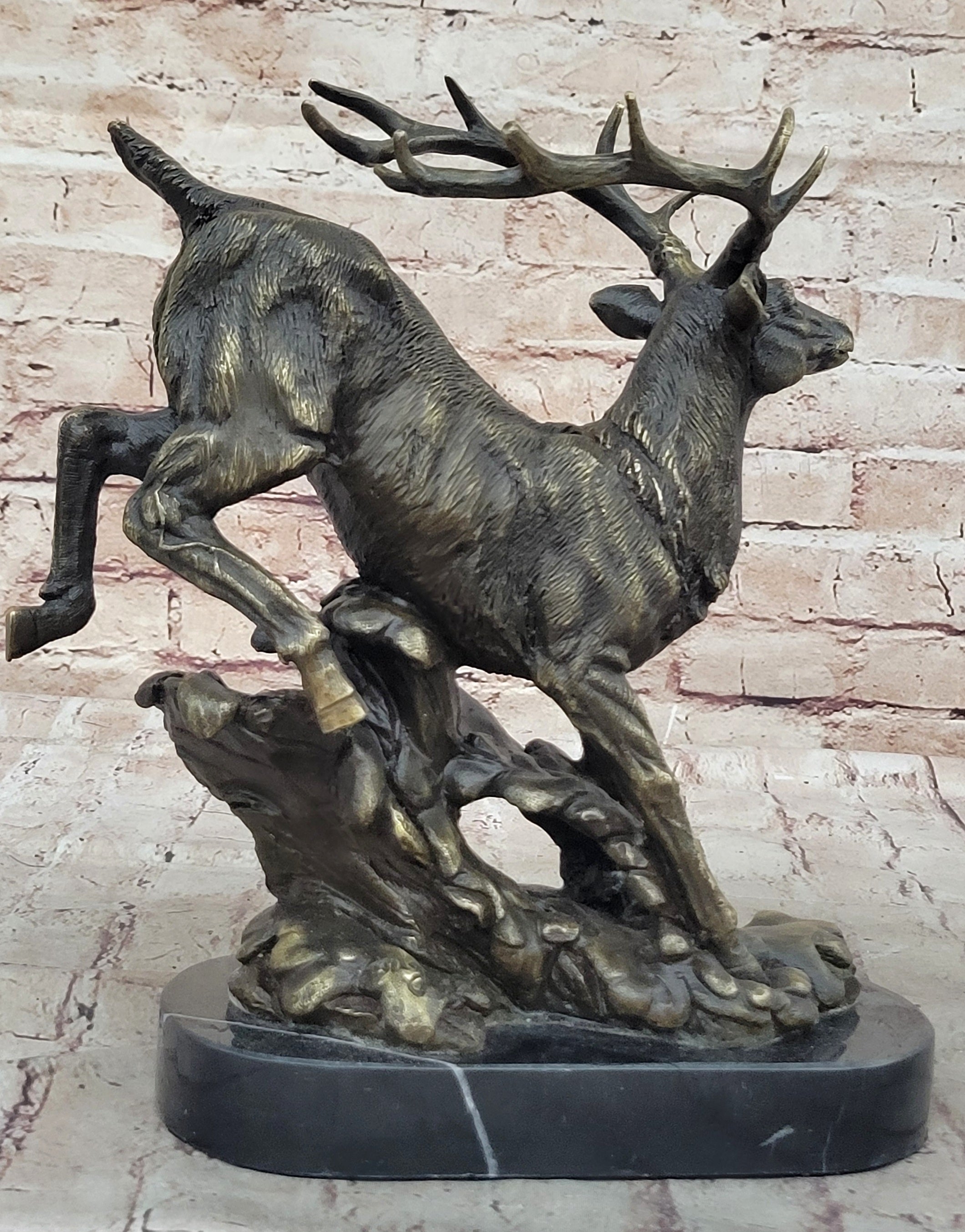 Running Deer Elk Buck Stag Caribou Reindeer Bronze Metal Sculpture Statue 11" x 10"