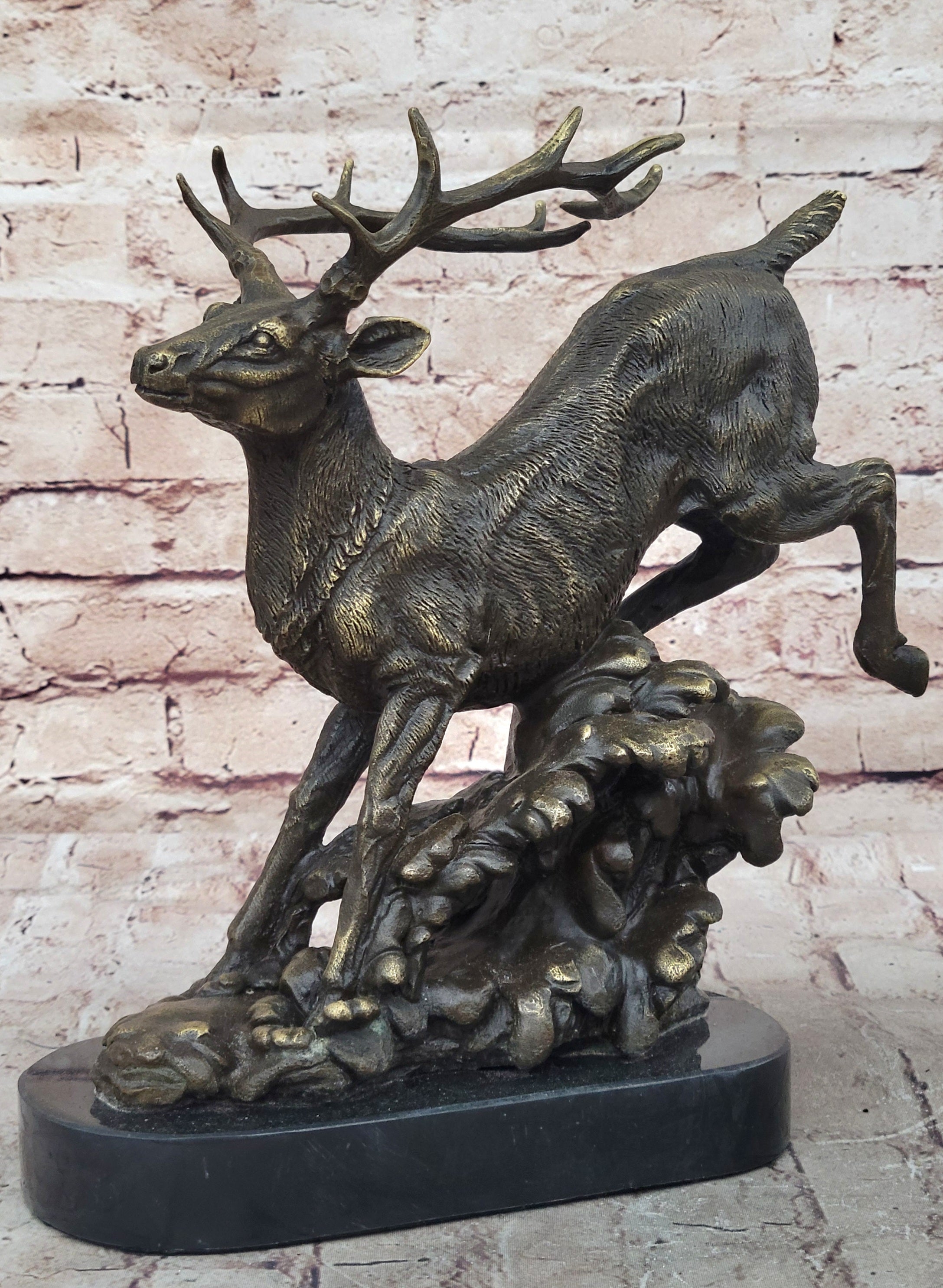Running Deer Elk Buck Stag Caribou Reindeer Bronze Metal Sculpture Statue 11" x 10"