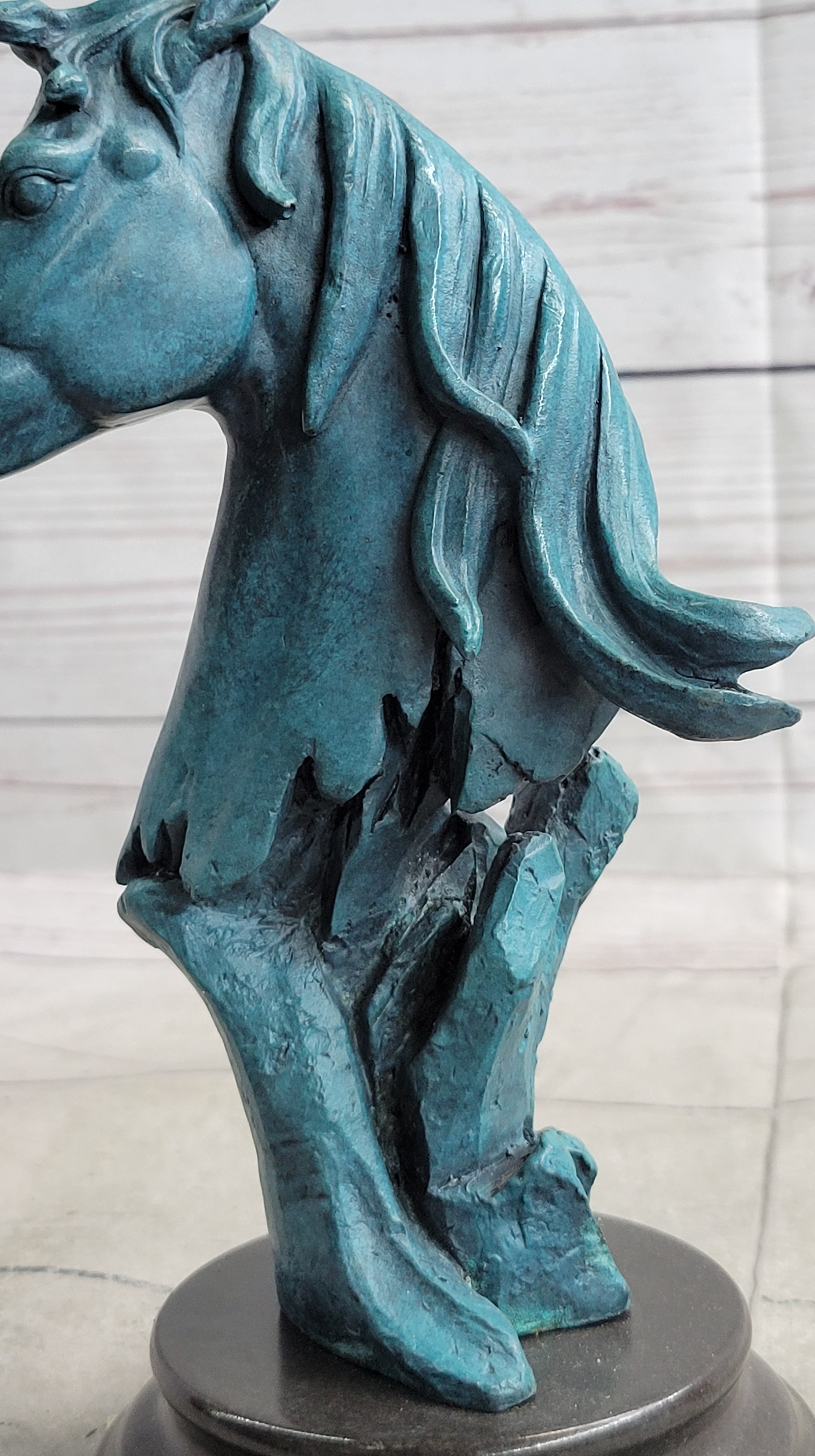 Abstract Horse Head Bust Bronze Sculpture Statue Blue Green Patina Original Art