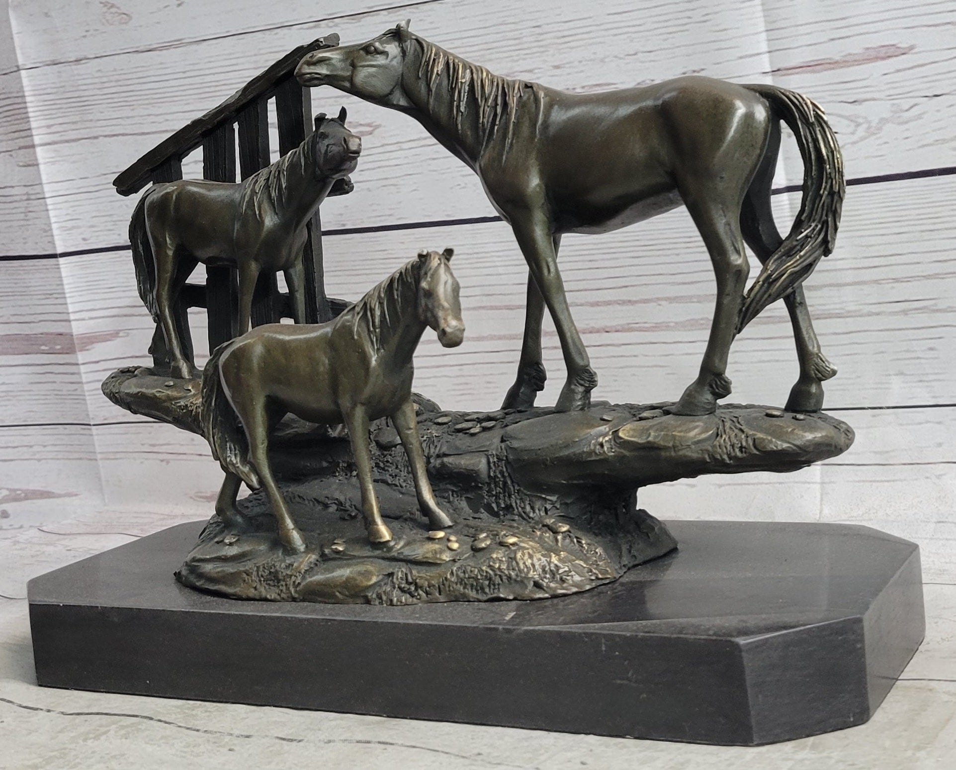Horse Farm Horses Behind Stables Bronze Sculpture Statue Figure Equestrian Art Decor