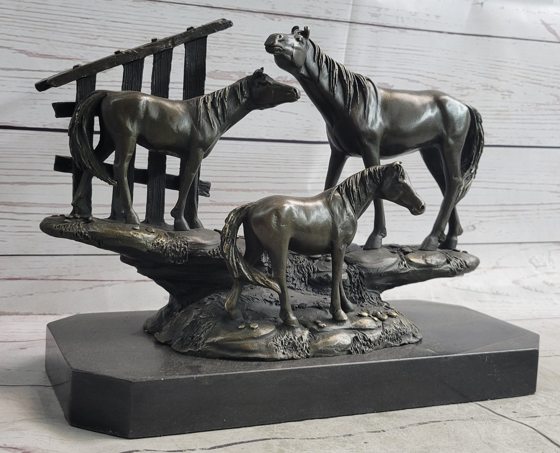 Horse Farm Horses Behind Stables Bronze Sculpture Statue Figure Equestrian Art Decor