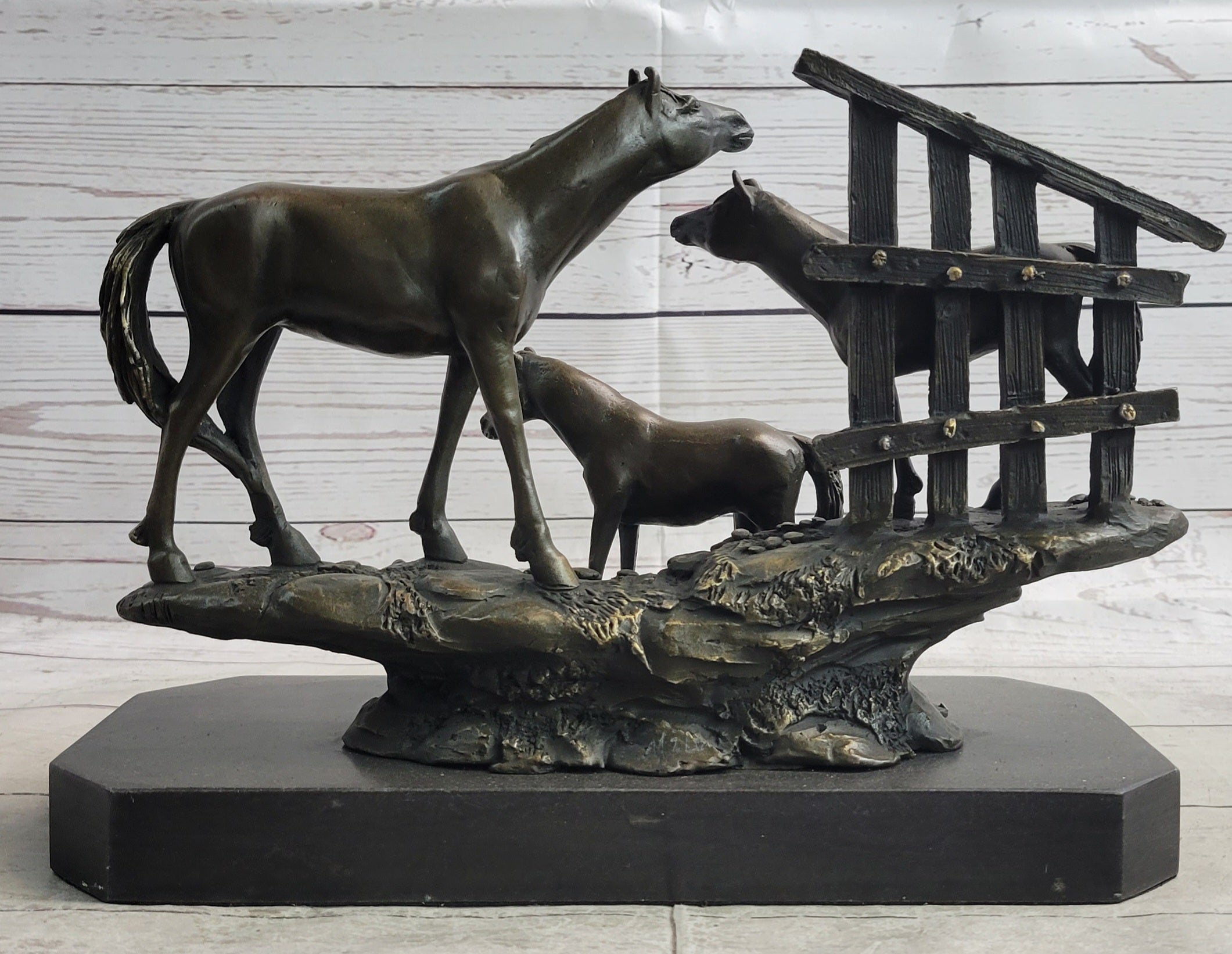Horse Farm Horses Behind Stables Bronze Sculpture Statue Figure Equestrian Art Decor