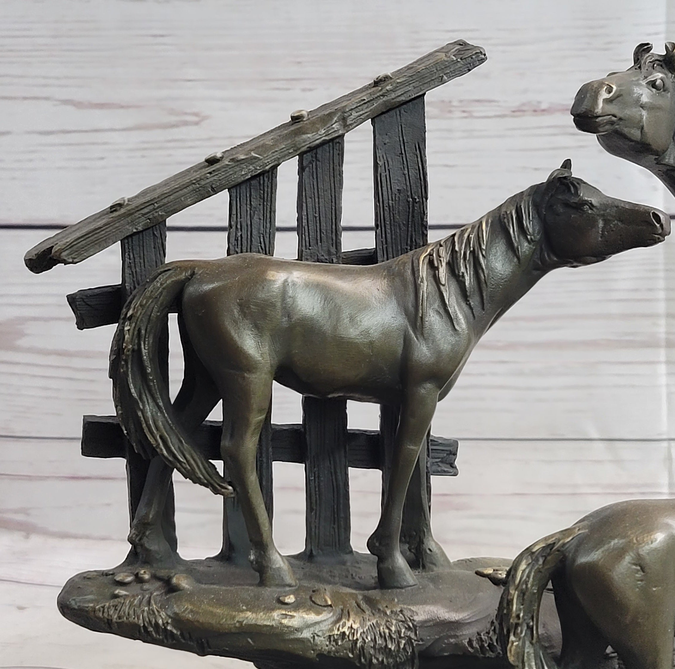 Horse Farm Horses Behind Stables Bronze Sculpture Statue Figure Equestrian Art Decor