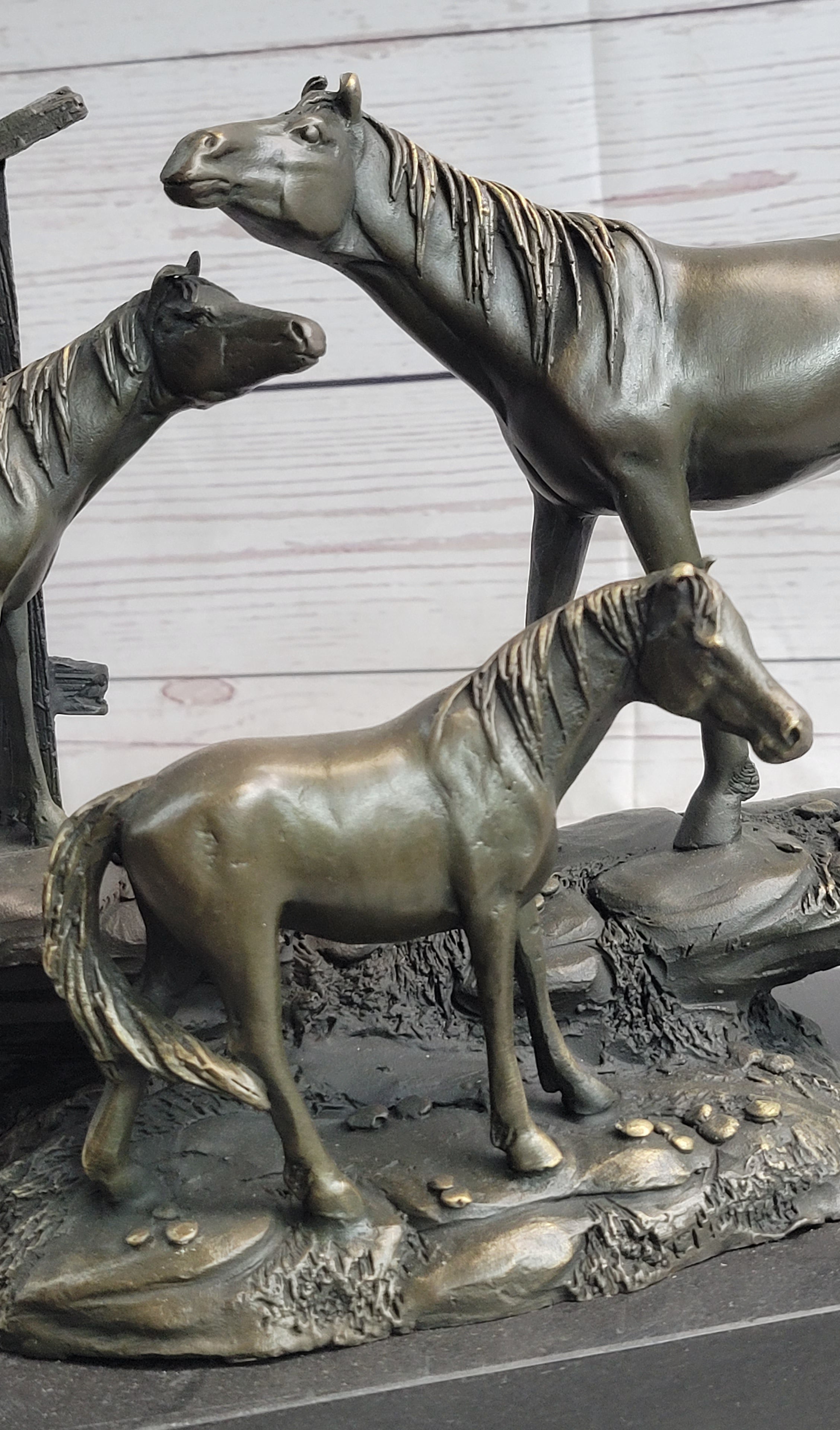 Horse Farm Horses Behind Stables Bronze Sculpture Statue Figure Equestrian Art Decor