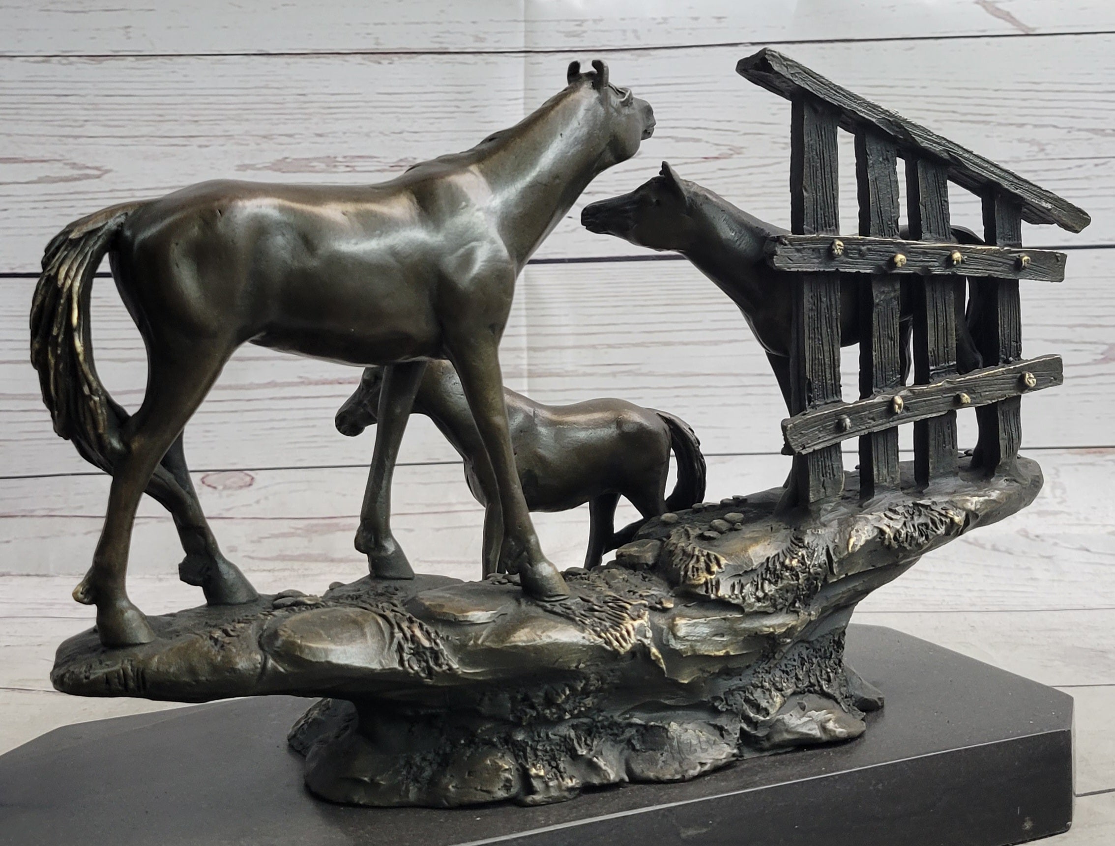 Horse Farm Horses Behind Stables Bronze Sculpture Statue Figure Equestrian Art Decor