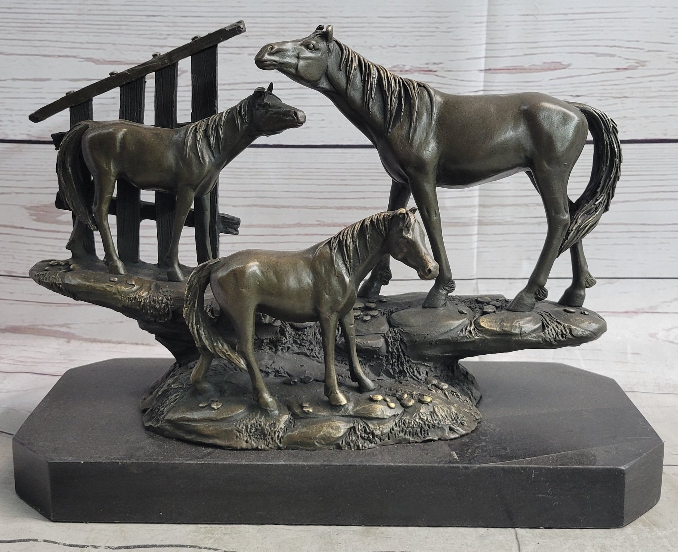 Horse Farm Horses Behind Stables Bronze Sculpture Statue Figure Equestrian Art Decor