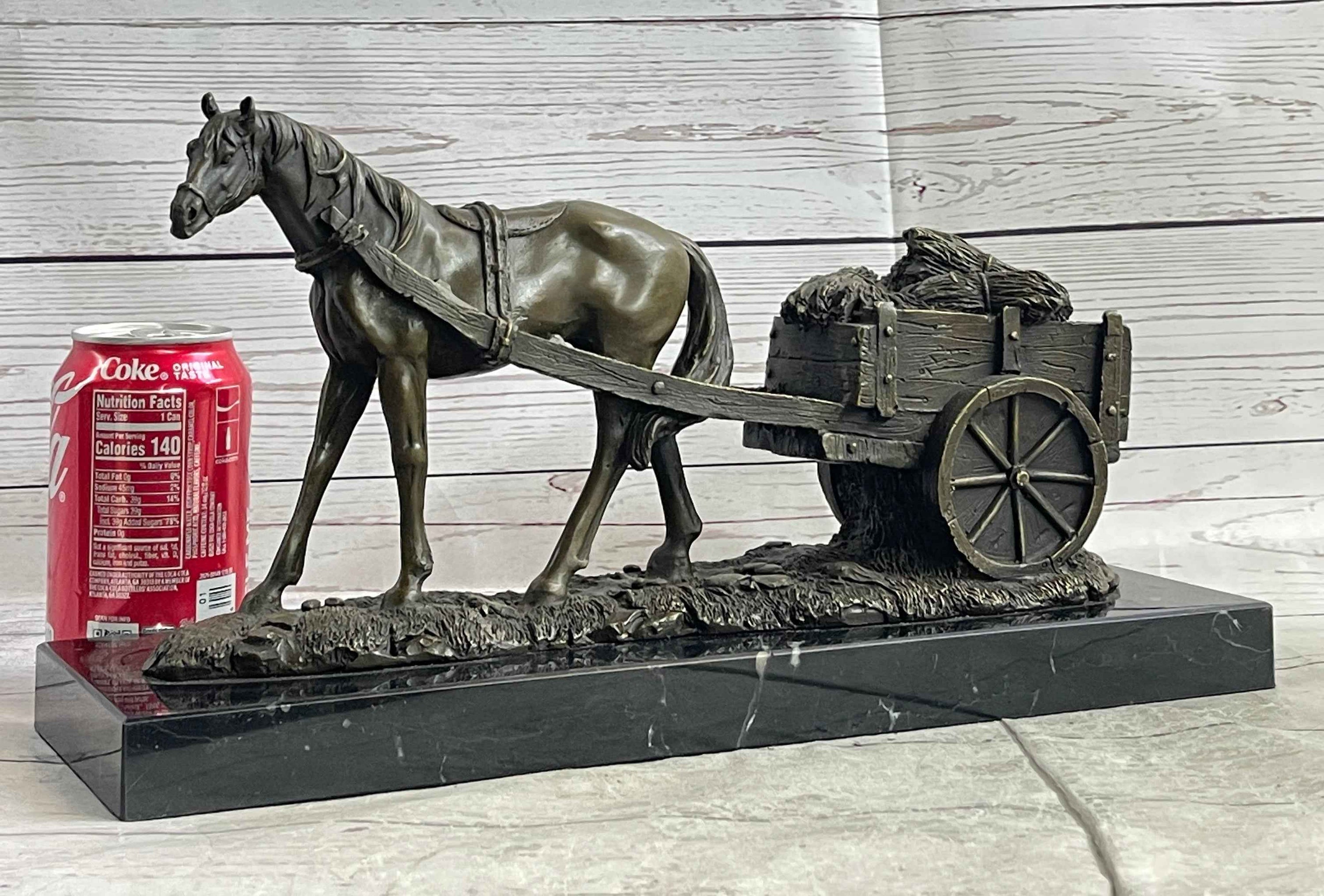 Signed Original Working Horse with Carriage Bronze Statue Sculpture Figurine Art