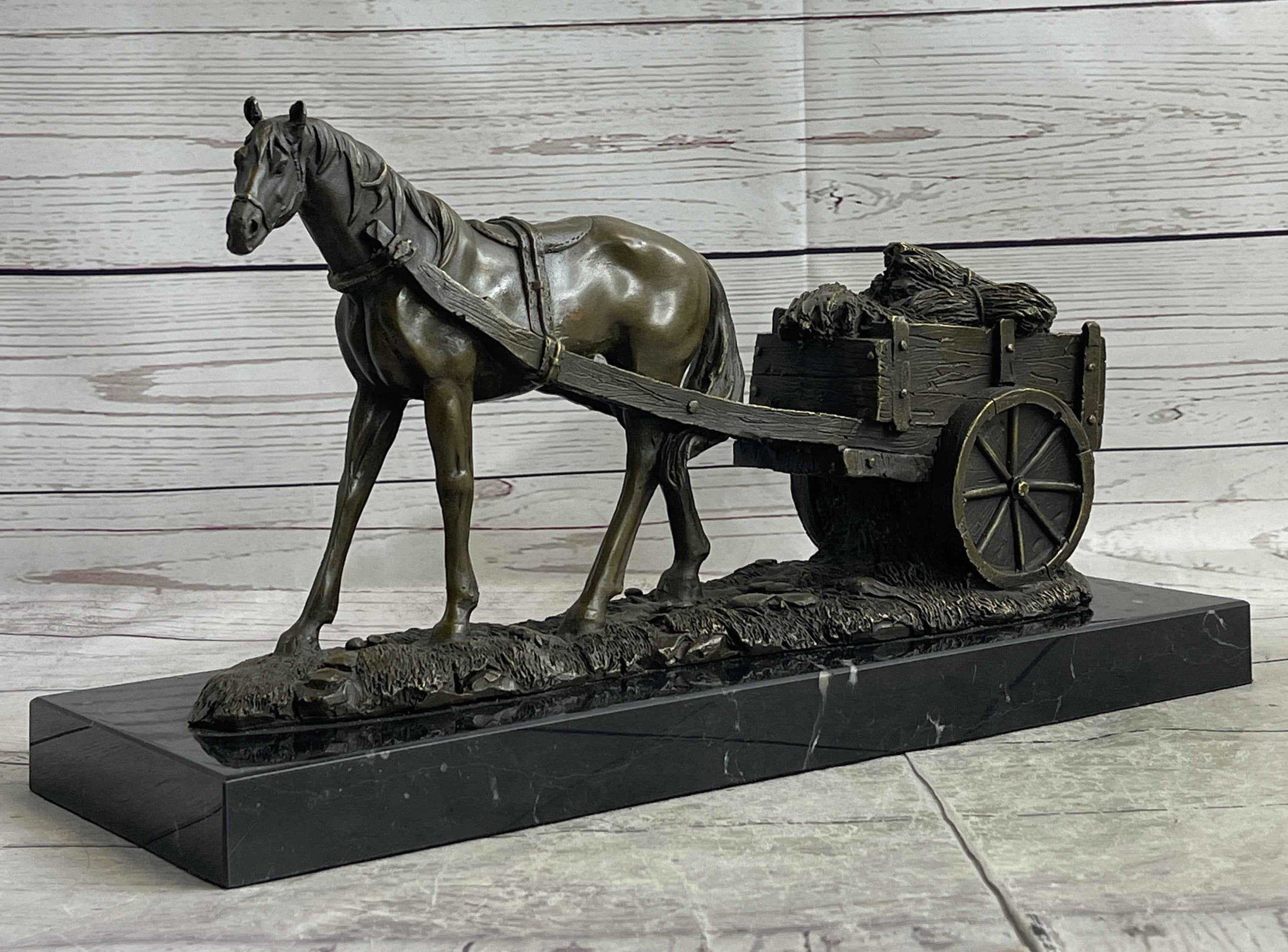 Signed Original Working Horse with Carriage Bronze Statue Sculpture Figurine Art
