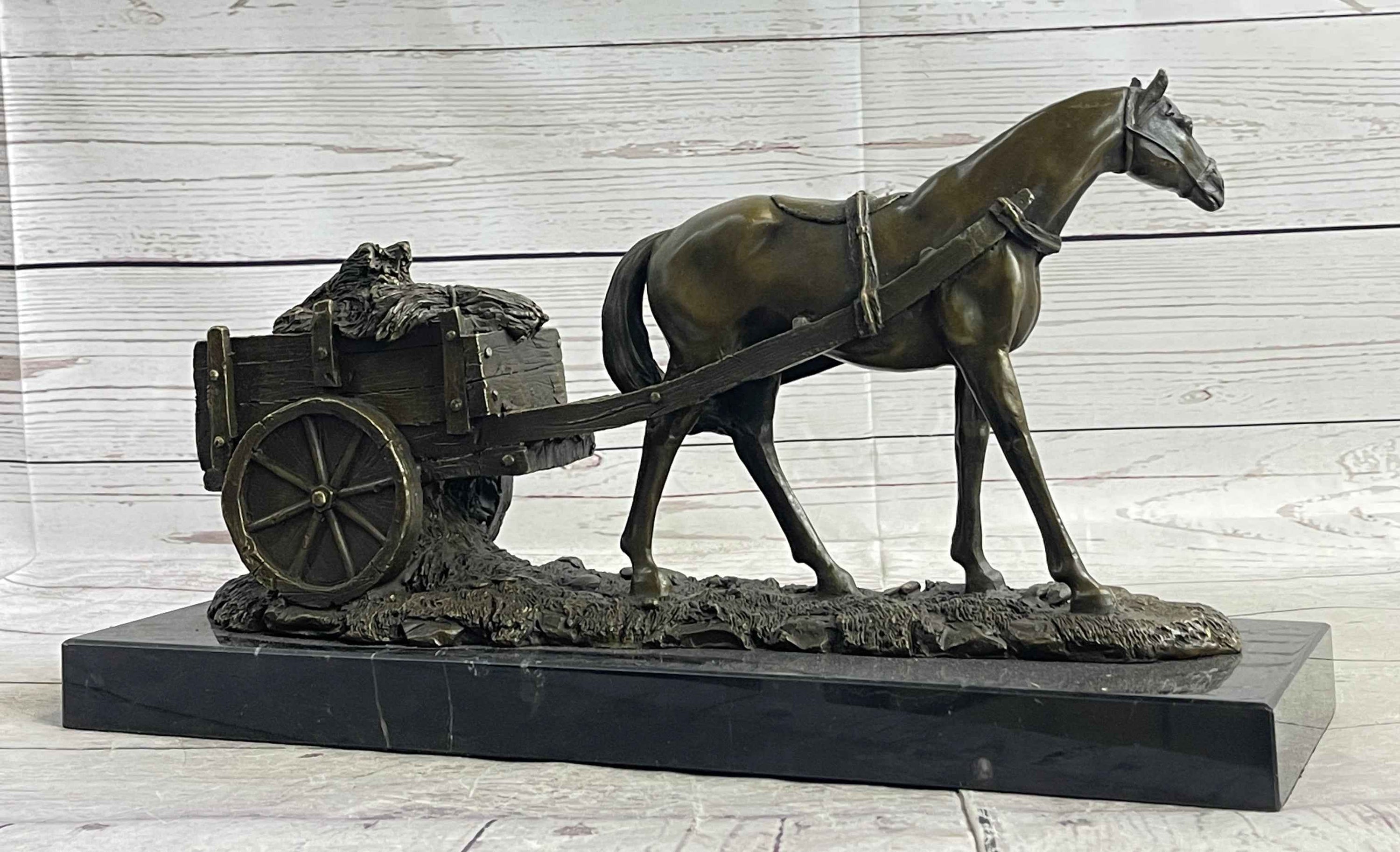 Signed Original Working Horse with Carriage Bronze Statue Sculpture Figurine Art