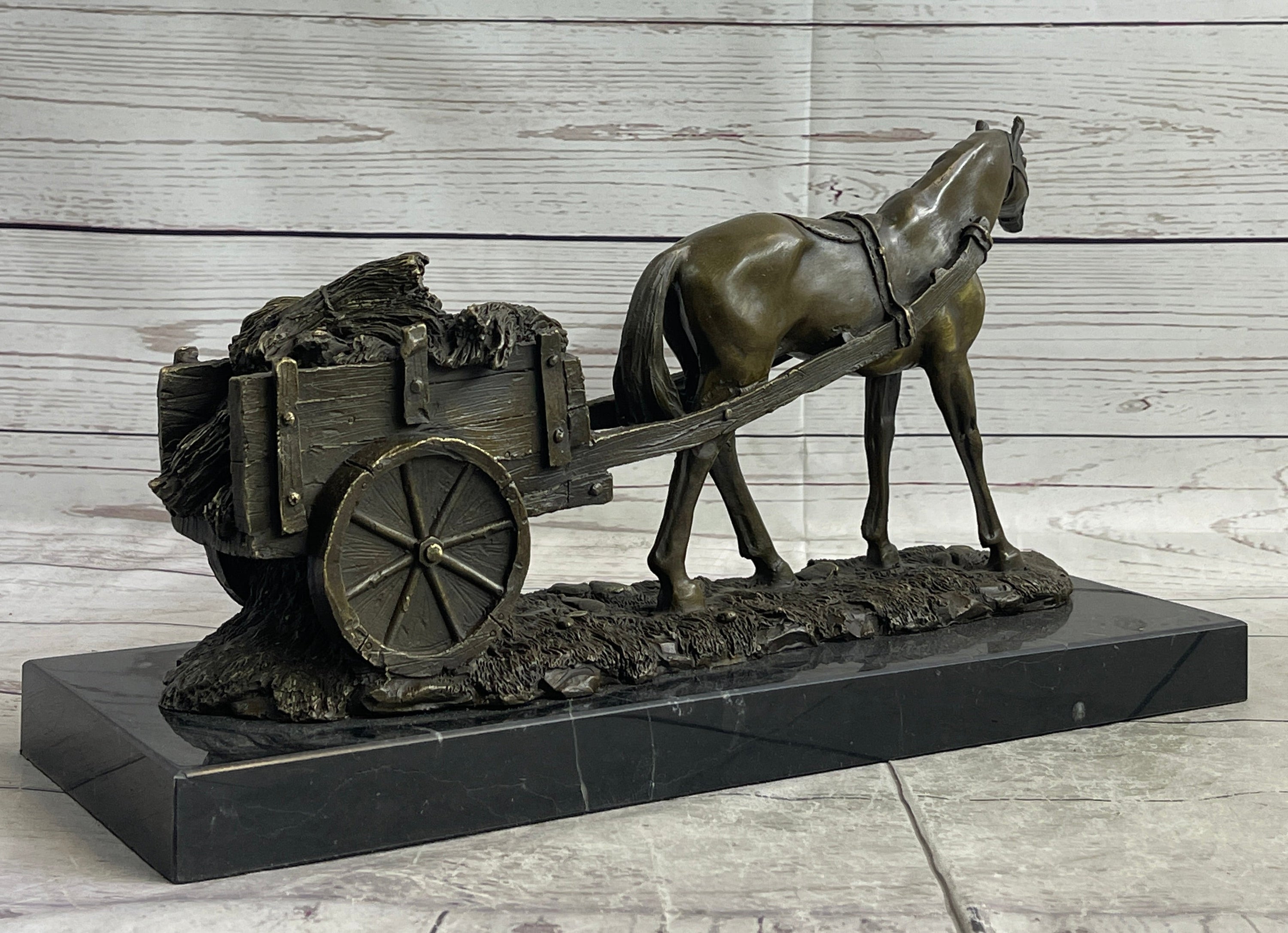 Signed Original Working Horse with Carriage Bronze Statue Sculpture Figurine Art