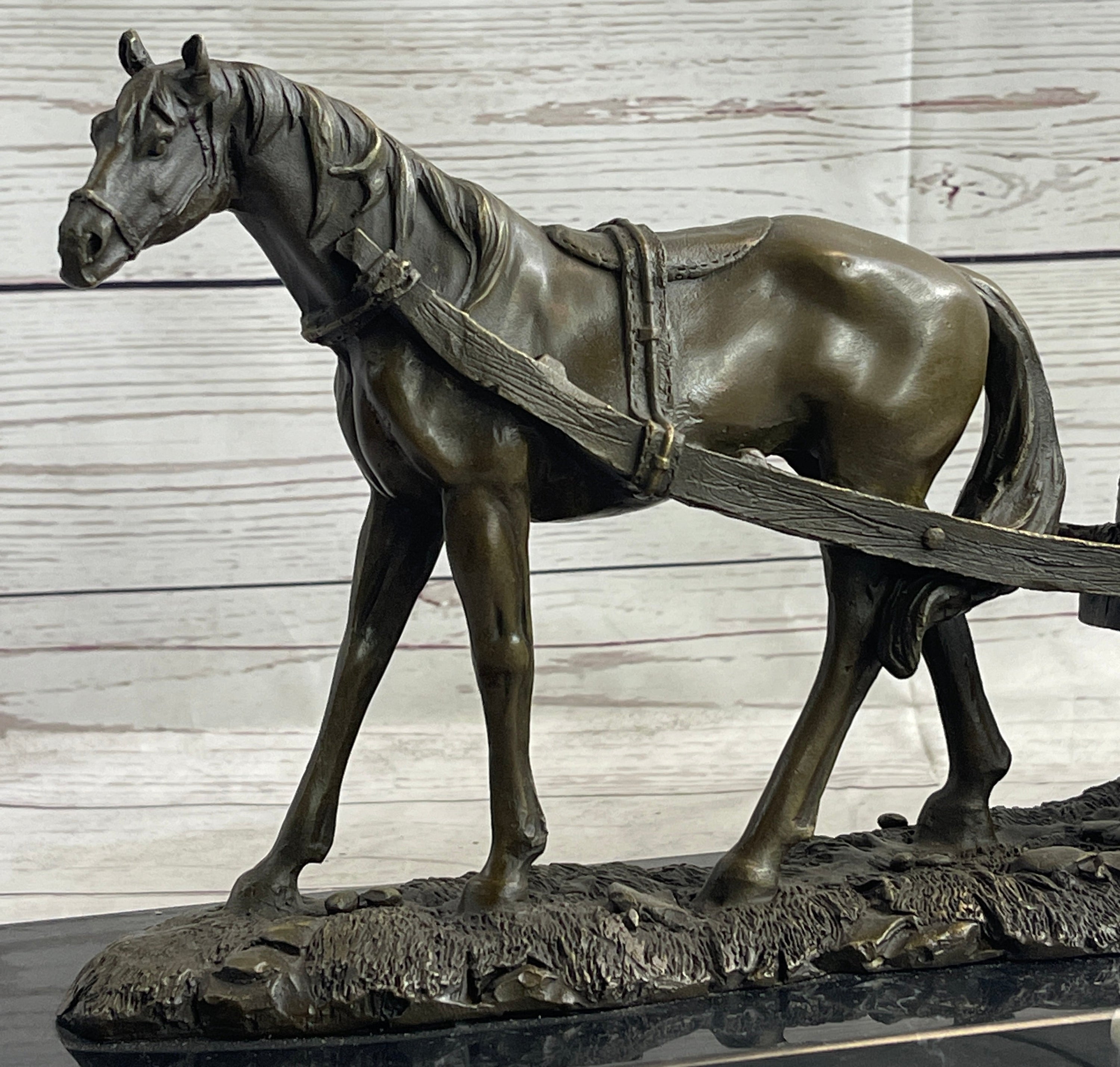 Signed Original Working Horse with Carriage Bronze Statue Sculpture Figurine Art
