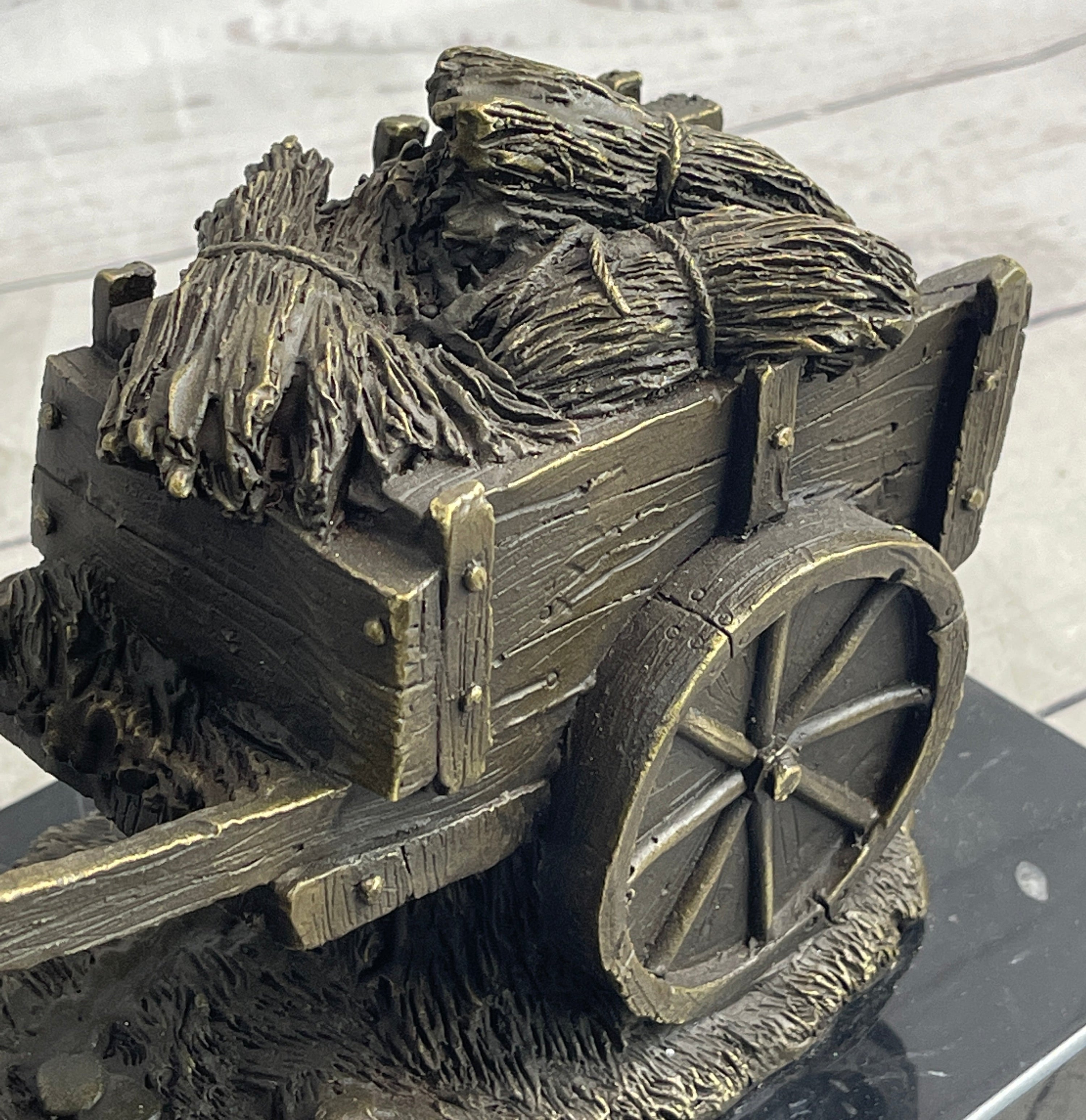 Signed Original Working Horse with Carriage Bronze Statue Sculpture Figurine Art