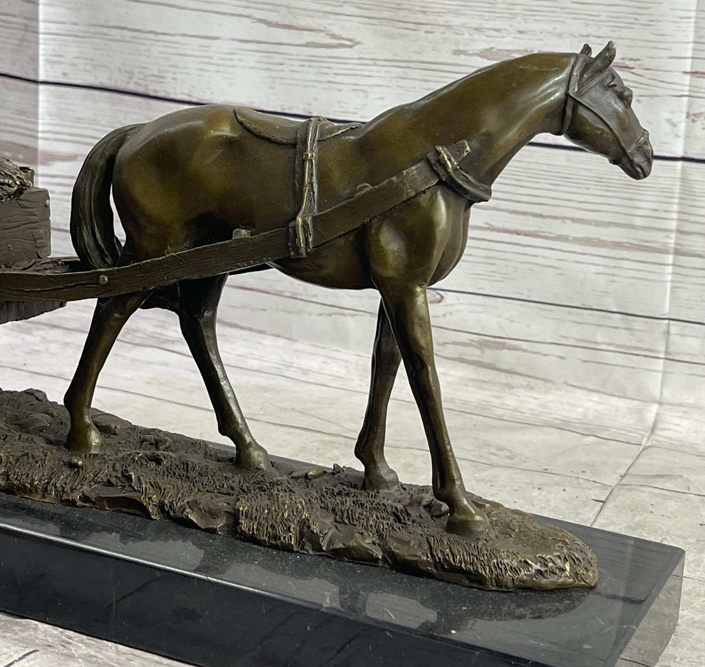 Signed Original Working Horse with Carriage Bronze Statue Sculpture Figurine Art