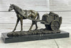 Signed Original Working Horse with Carriage Bronze Statue Sculpture Figurine Art