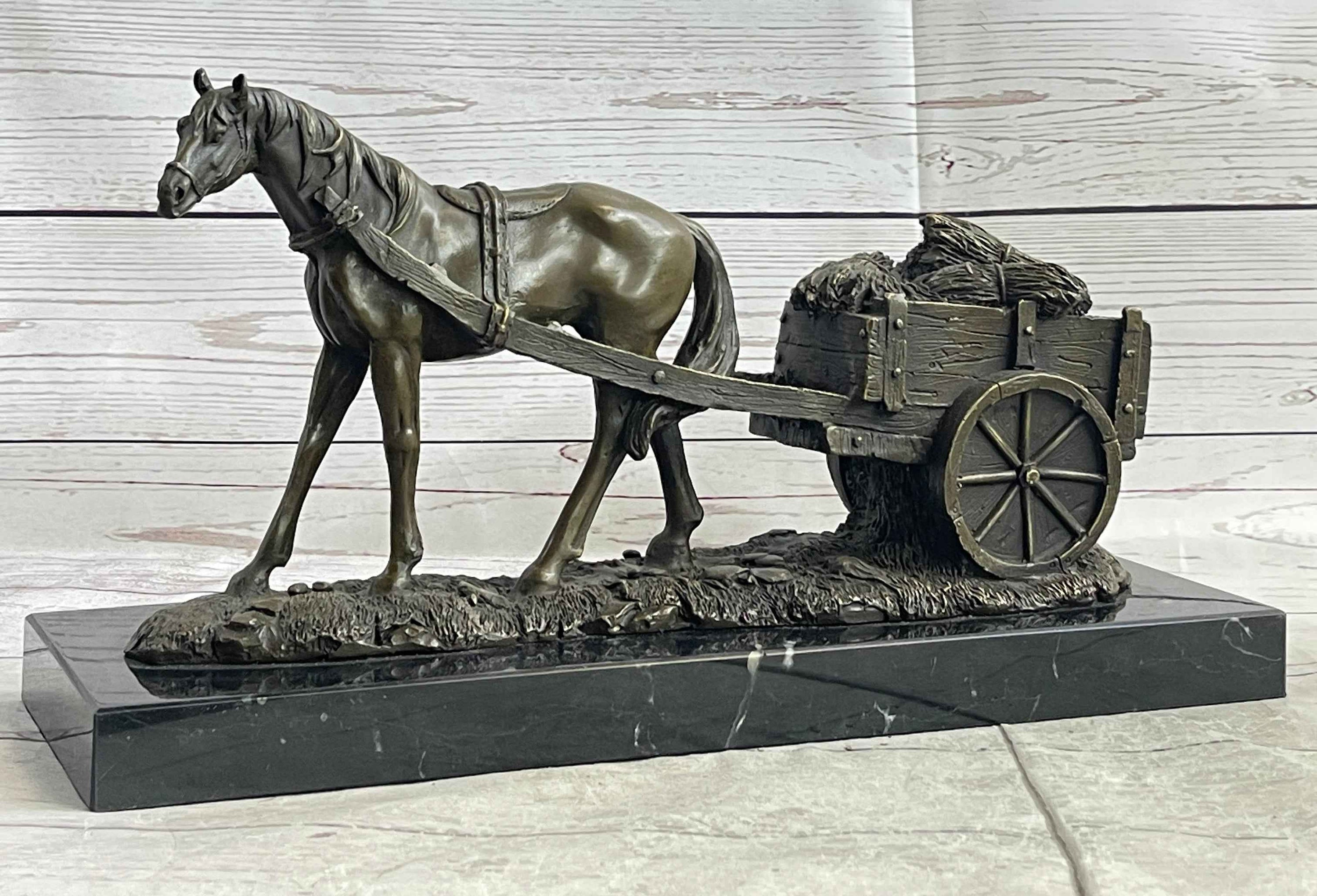 Signed Original Working Horse with Carriage Bronze Statue Sculpture Figurine Art