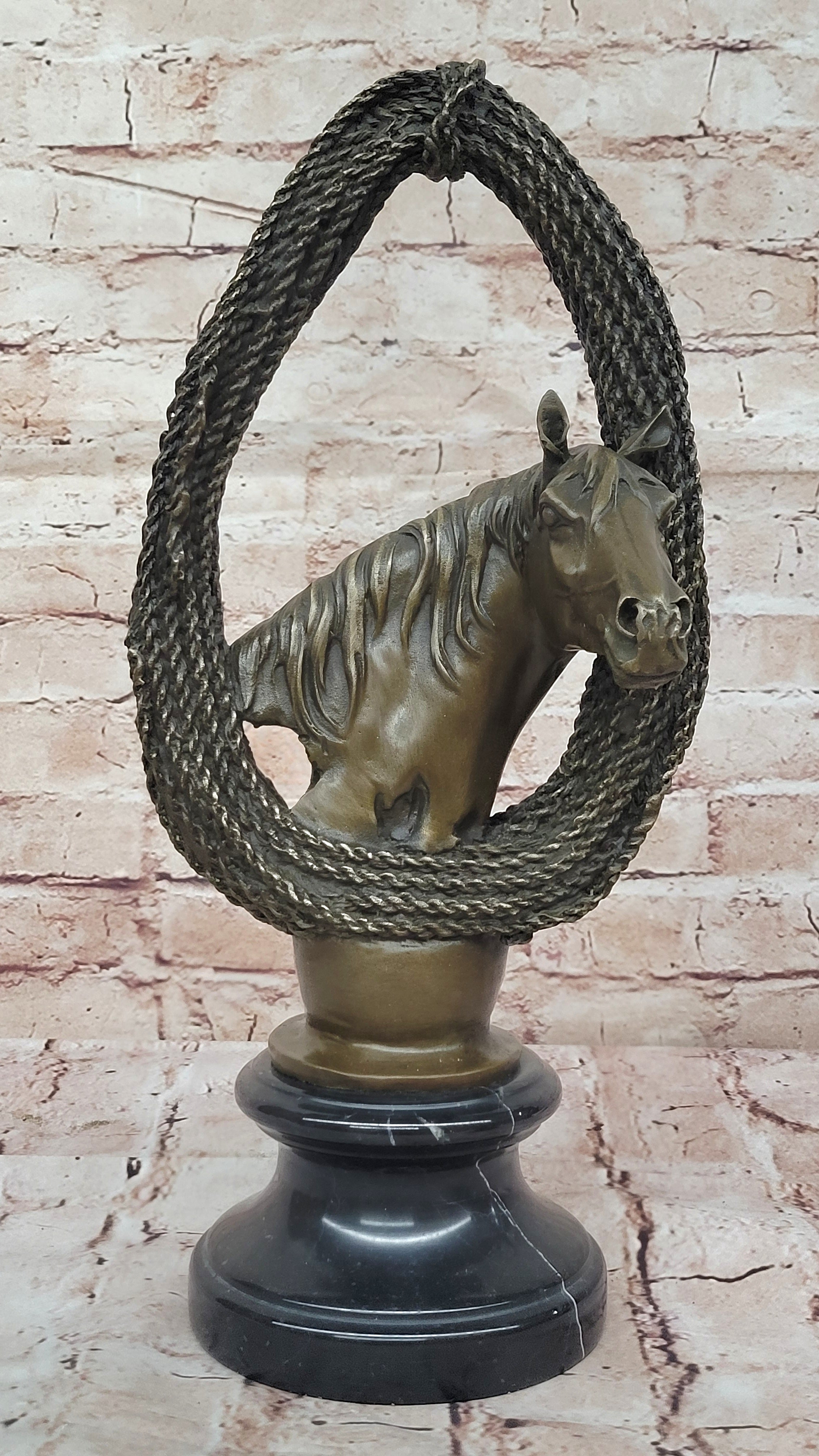 Bronze Horse Head with Braided Lasso Sculpture on Marble Base