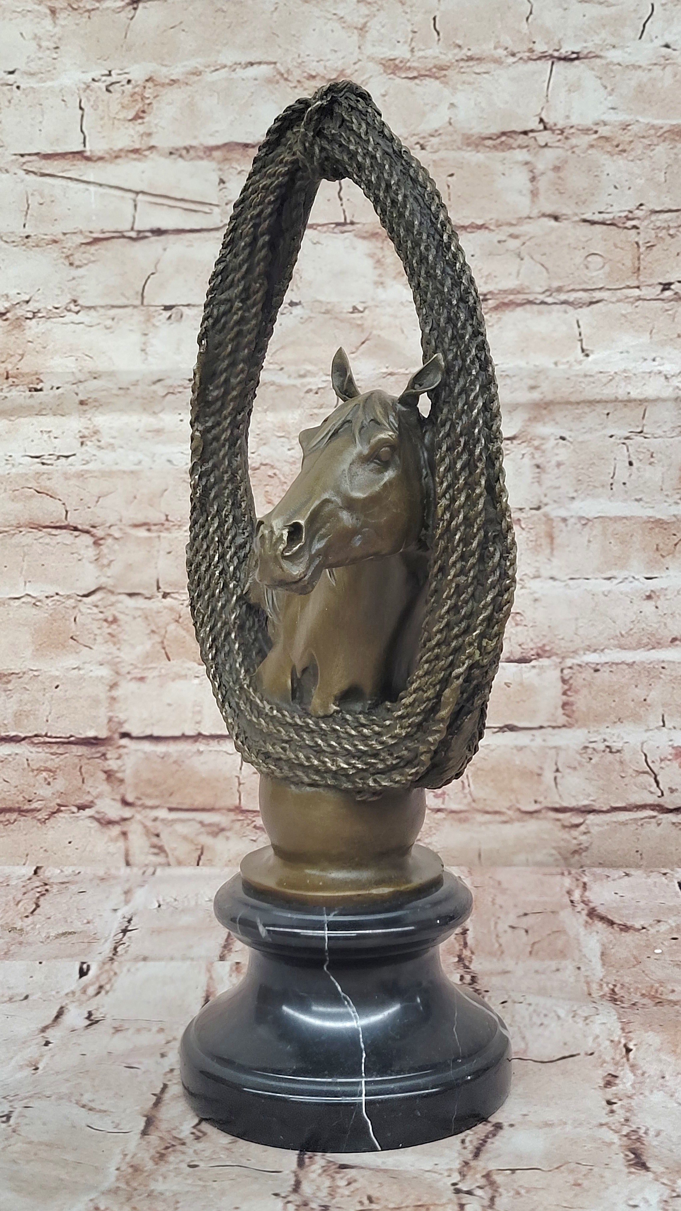 Bronze Horse Head with Braided Lasso Sculpture on Marble Base