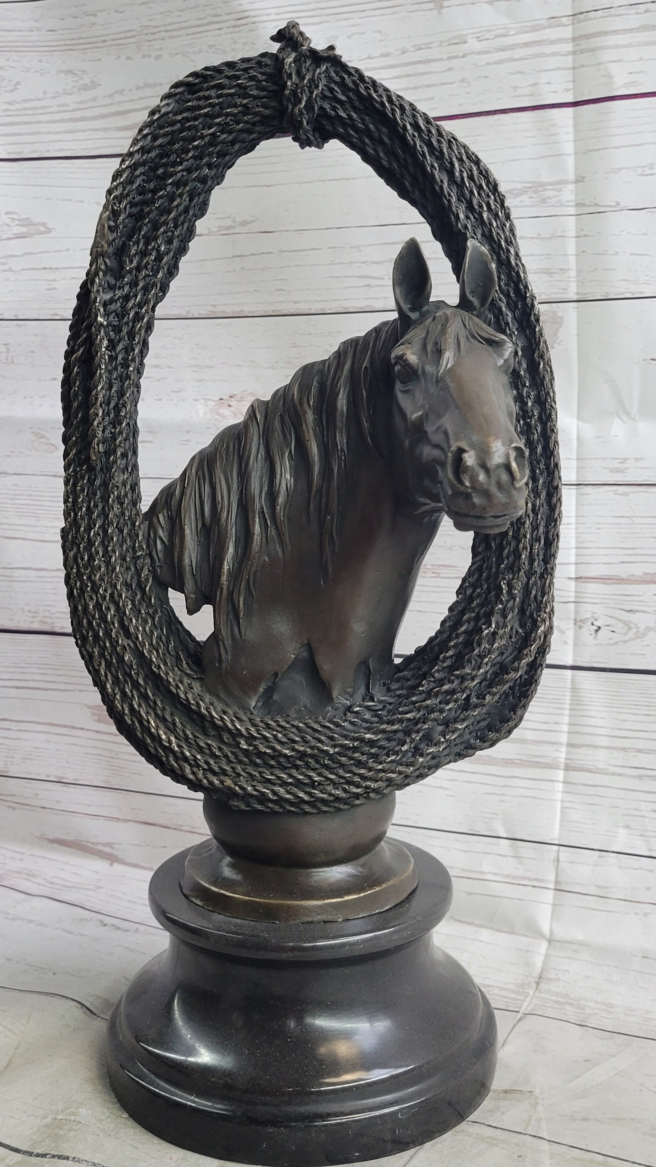 Equestrian Horse Lover Horses Bust Original Art Bronze Sculpture Statue Figure on Marble Base