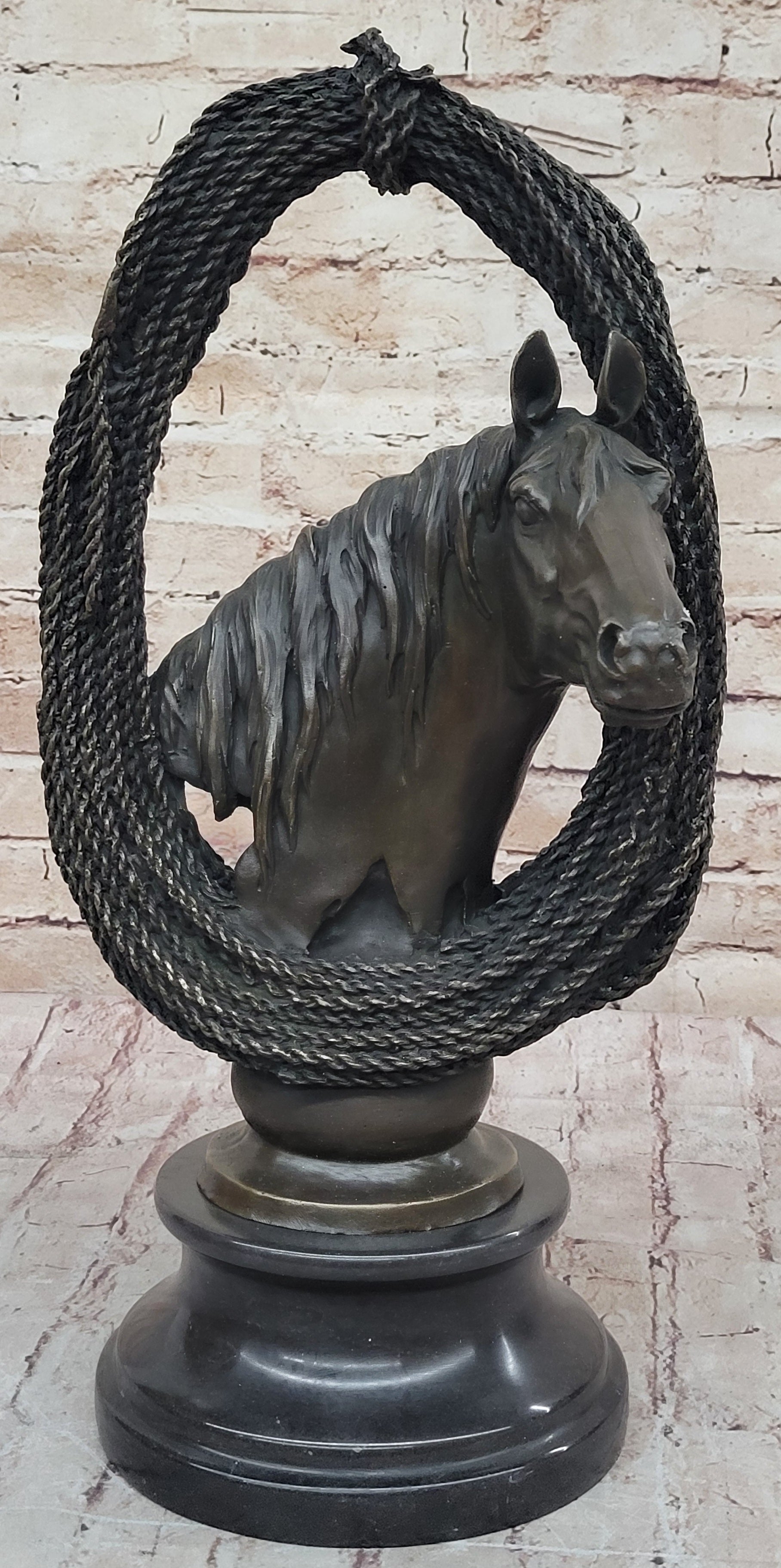 Equestrian Horse Lover Horses Bust Original Art Bronze Sculpture Statue Figure on Marble Base