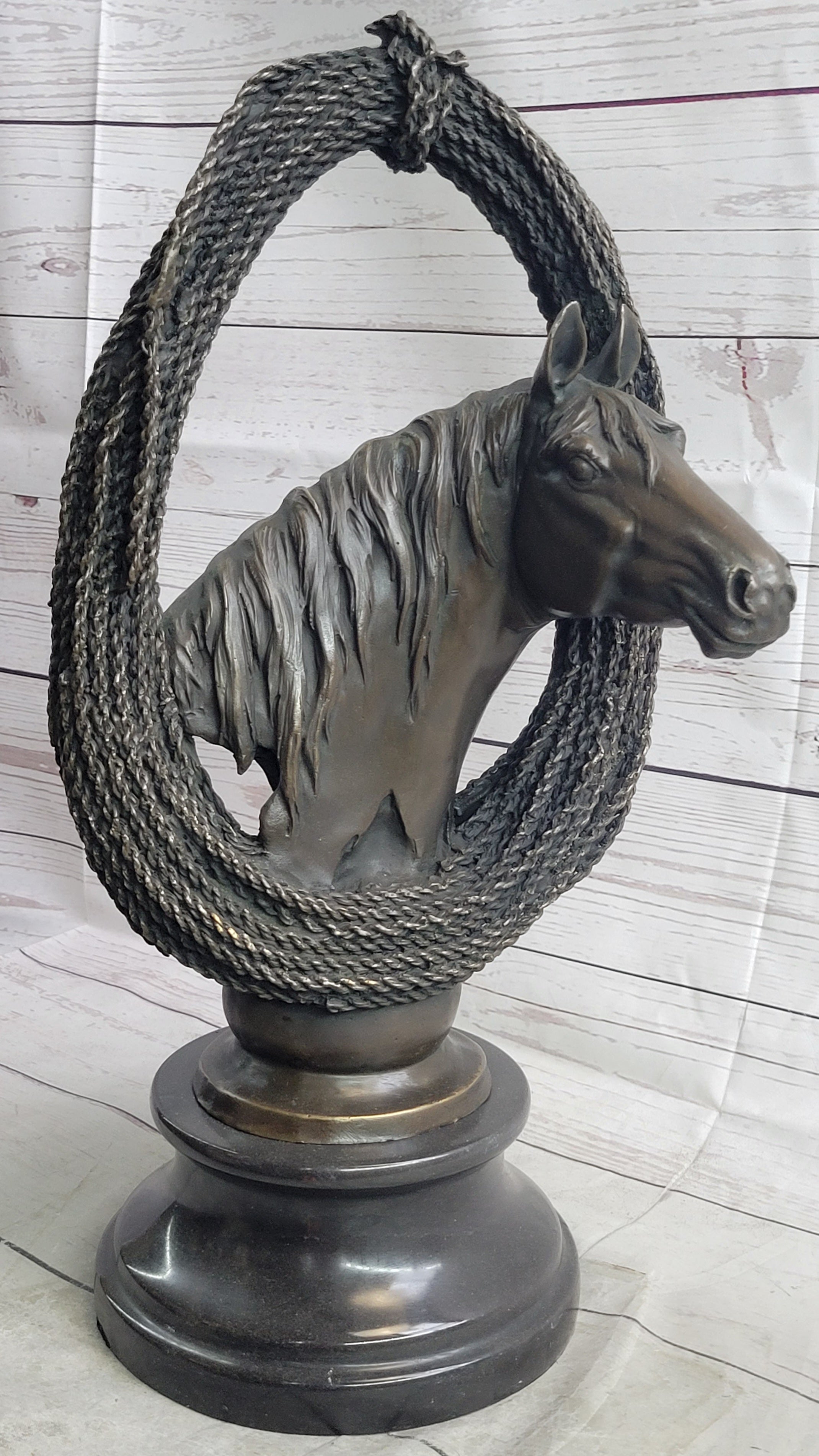 Equestrian Horse Lover Horses Bust Original Art Bronze Sculpture Statue Figure on Marble Base