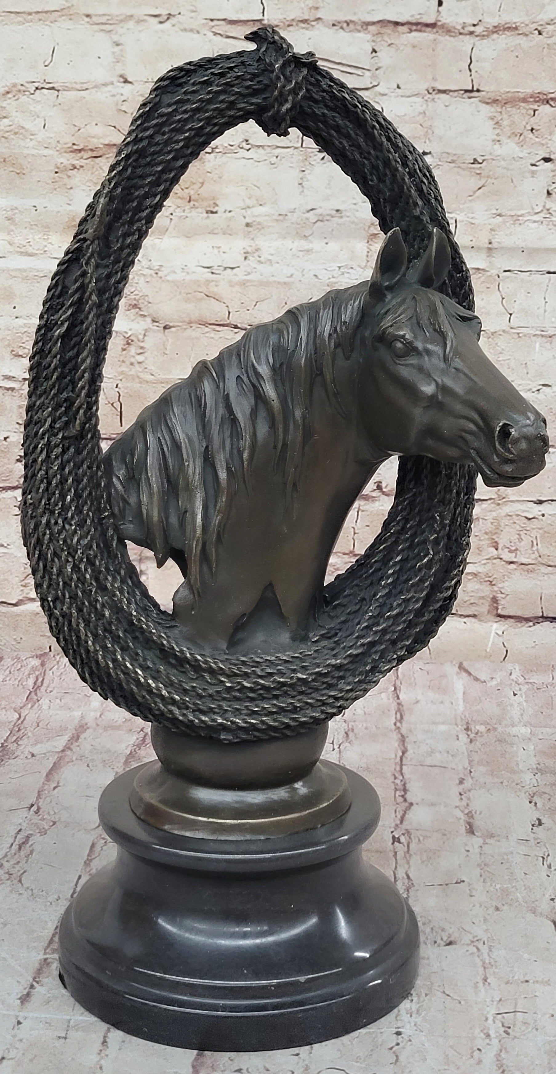 Equestrian Horse Lover Horses Bust Original Art Bronze Sculpture Statue Figure on Marble Base