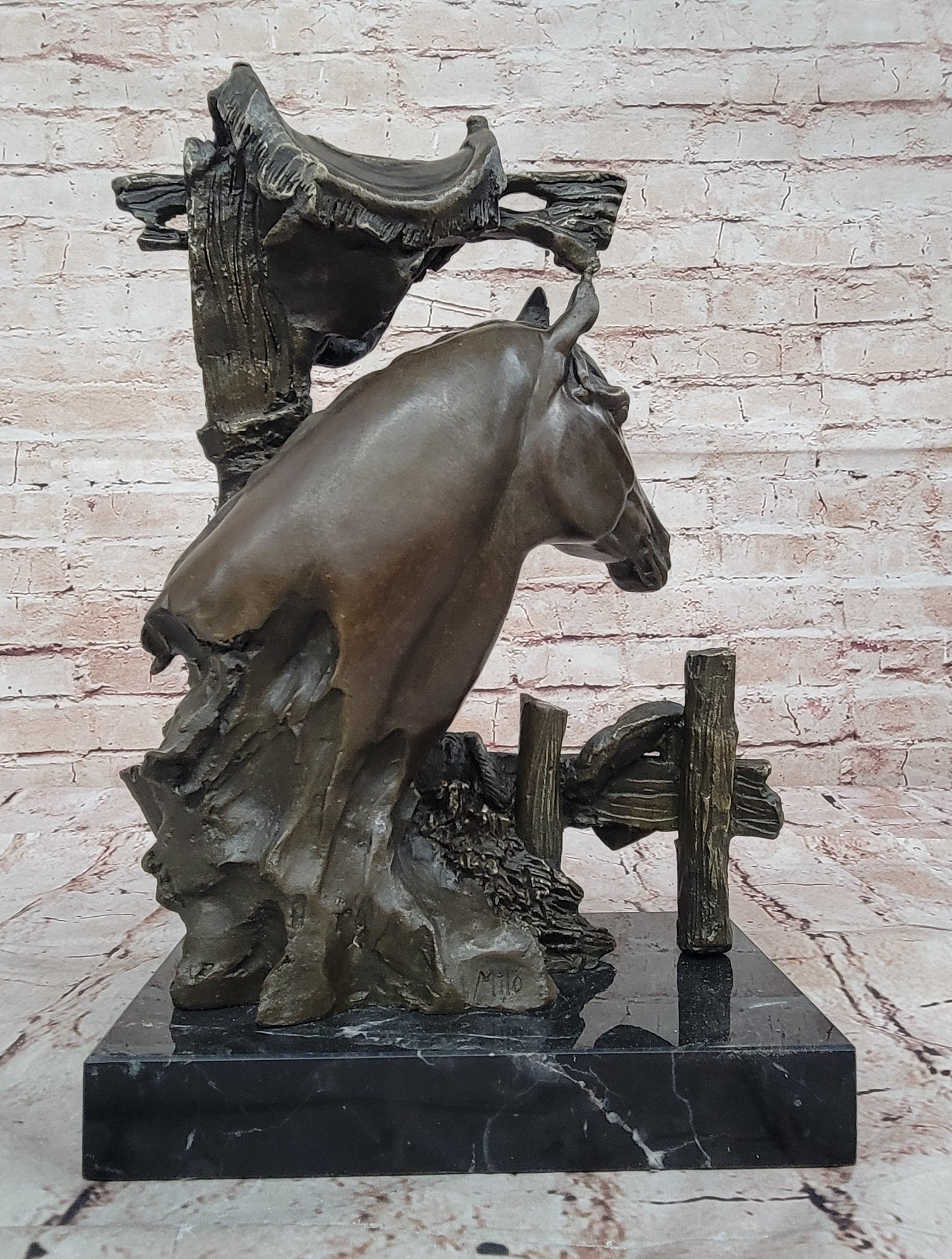 Lost Wax Bronze Casting Bust of Horse in Stables by Milo on Marble Base