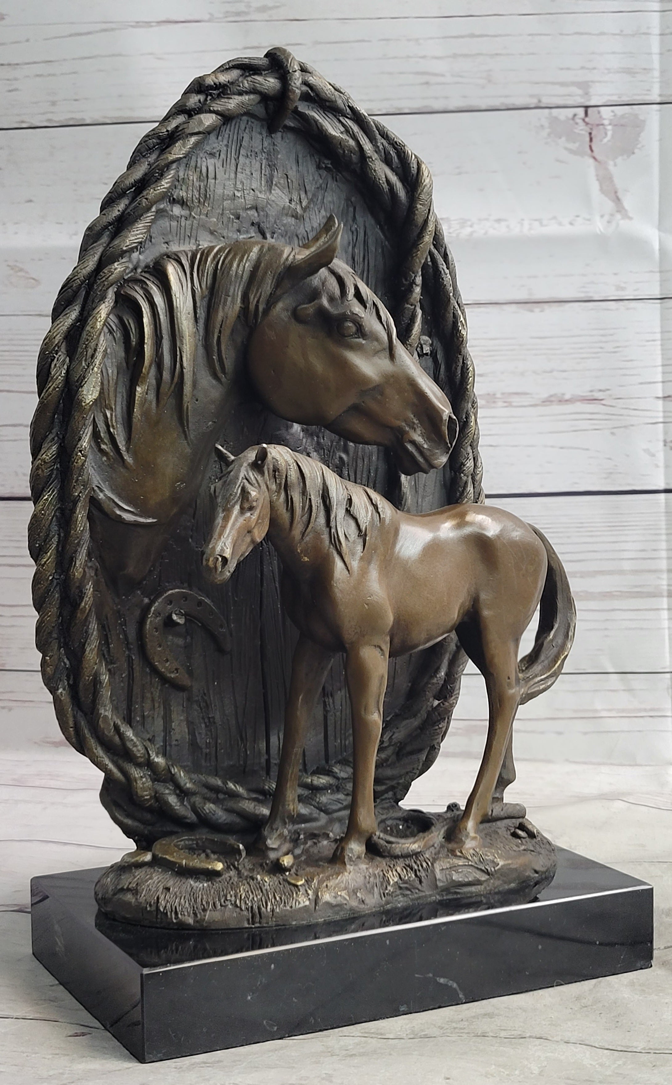 Equestrian Horse Lover Decor Mare & Foal Bronze Sculpture Statue on Marble Base