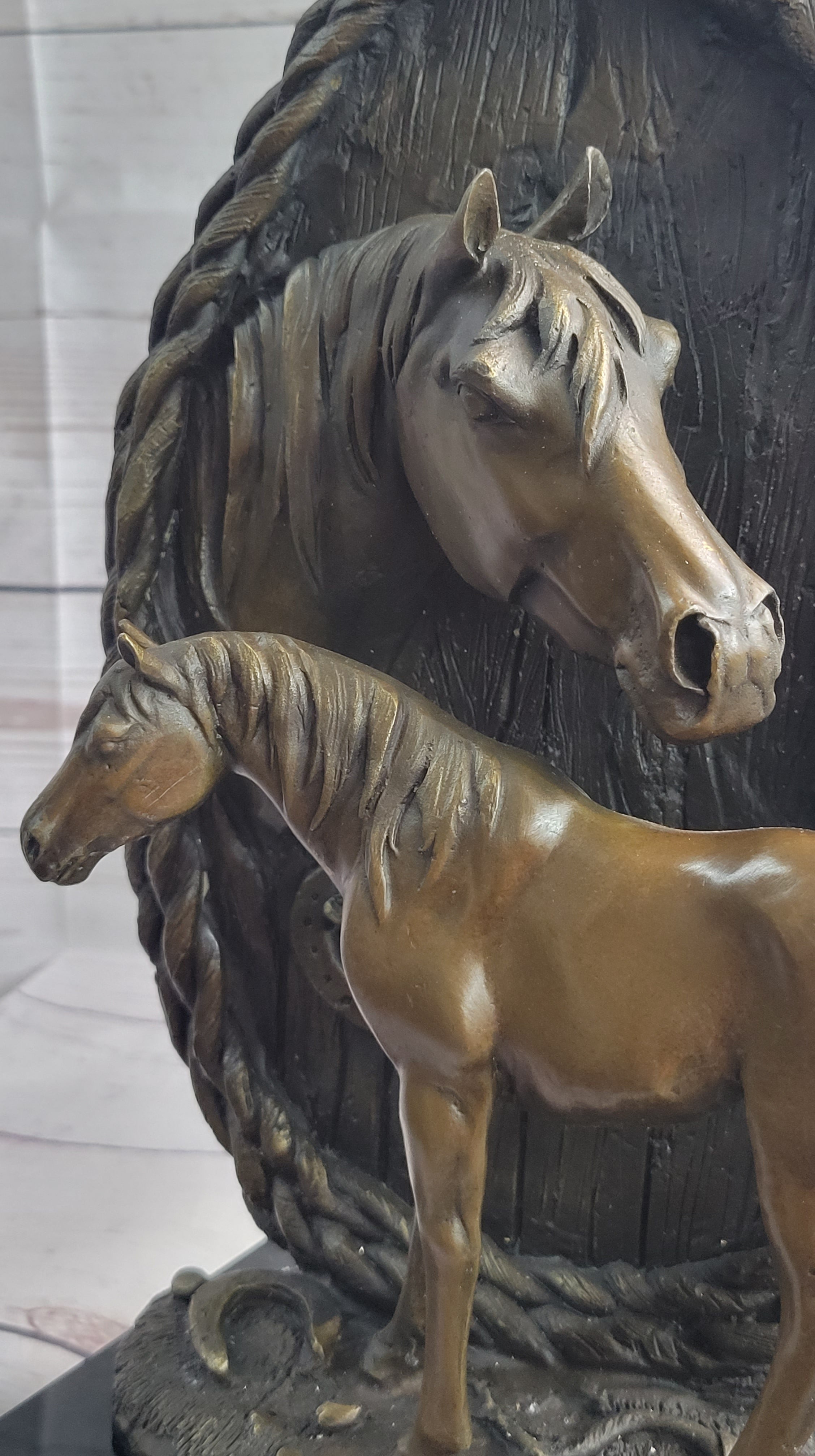 Equestrian Horse Lover Decor Mare & Foal Bronze Sculpture Statue on Marble Base