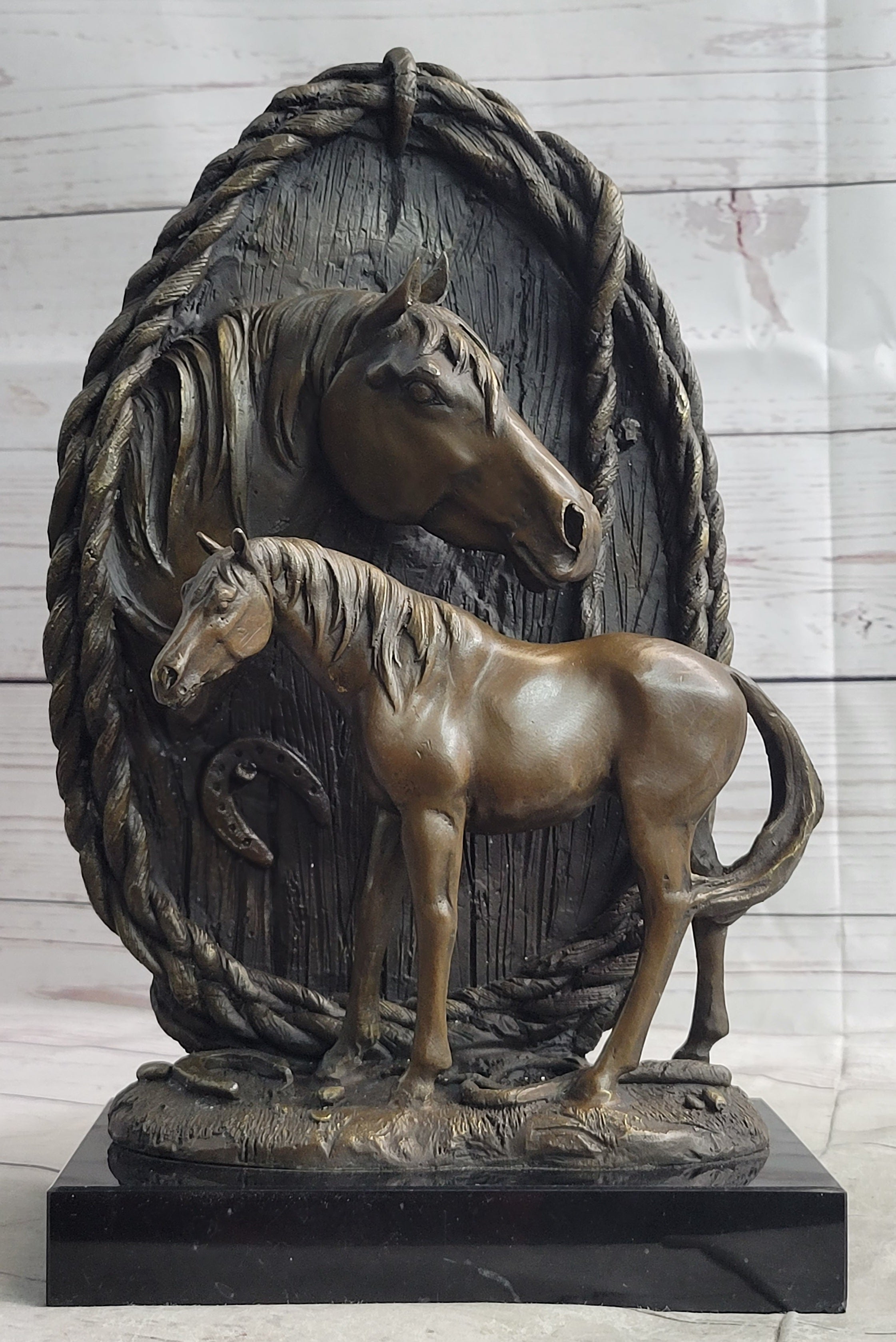Equestrian Horse Lover Decor Mare & Foal Bronze Sculpture Statue on Marble Base