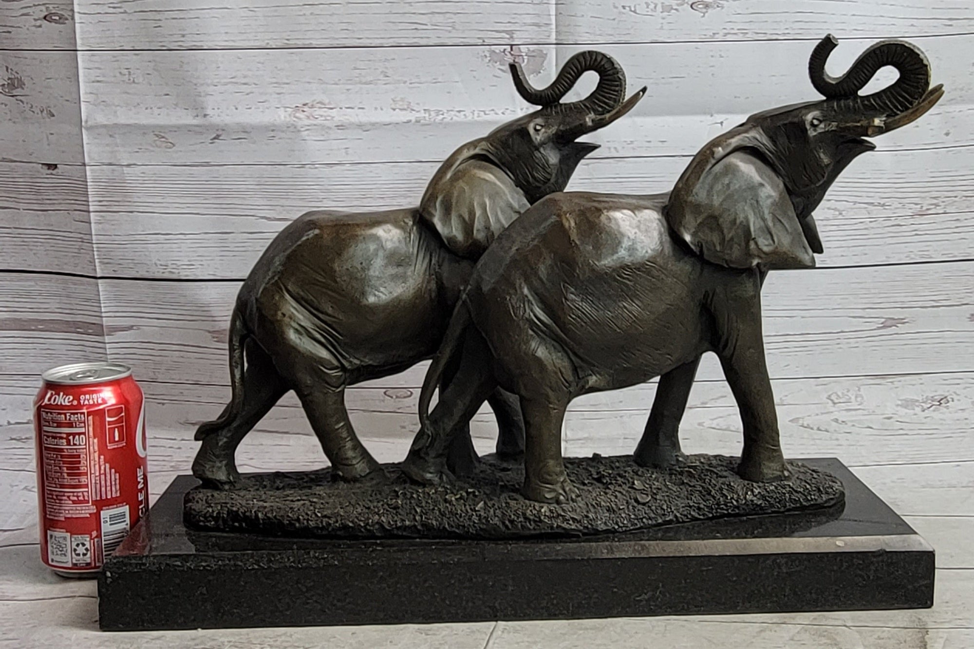 Two Trumpeting Elephants Bronze Metal Statue Sculpture Figure Decor on Marble Base