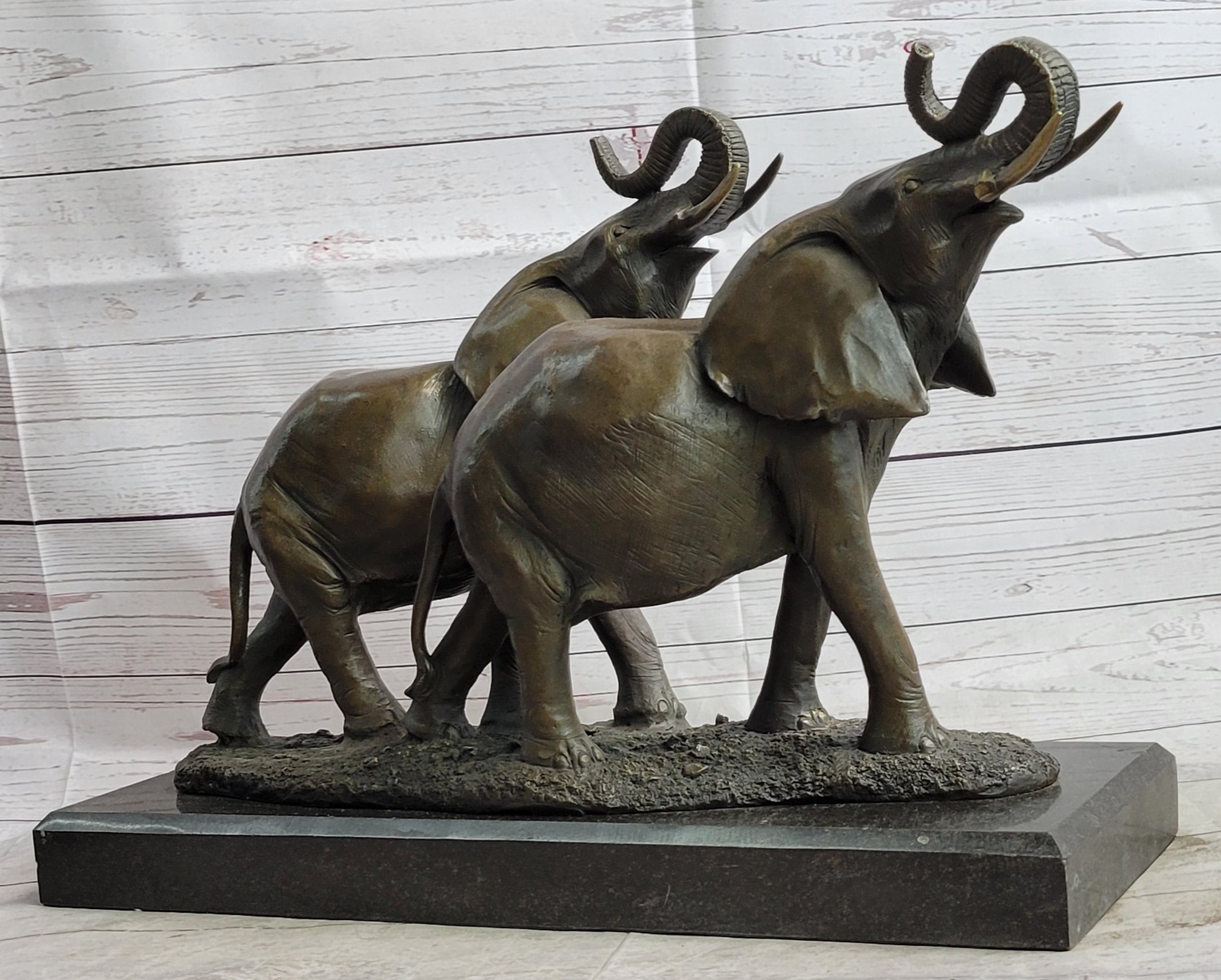 Two Trumpeting Elephants Bronze Metal Statue Sculpture Figure Decor on Marble Base