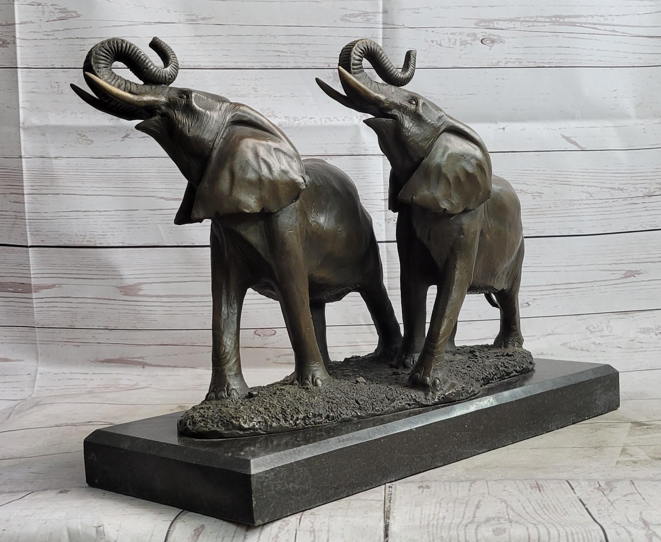 Two Trumpeting Elephants Bronze Metal Statue Sculpture Figure Decor on Marble Base