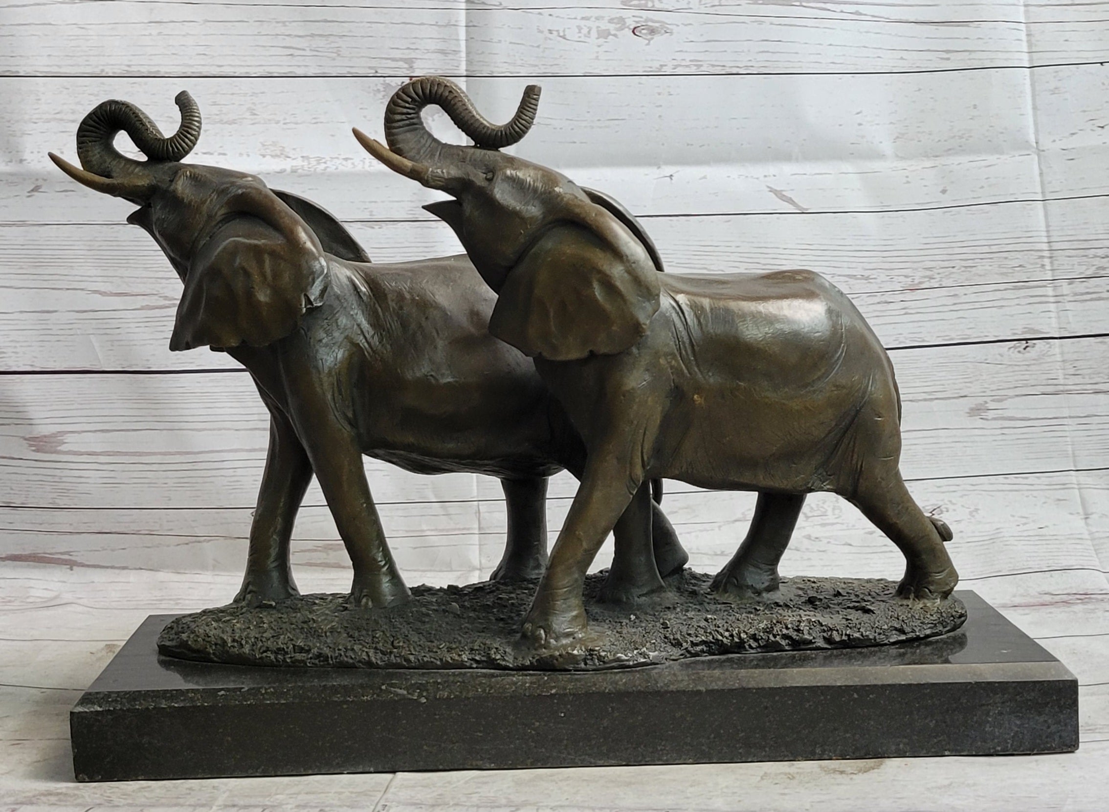 Two Trumpeting Elephants Bronze Metal Statue Sculpture Figure Decor on Marble Base