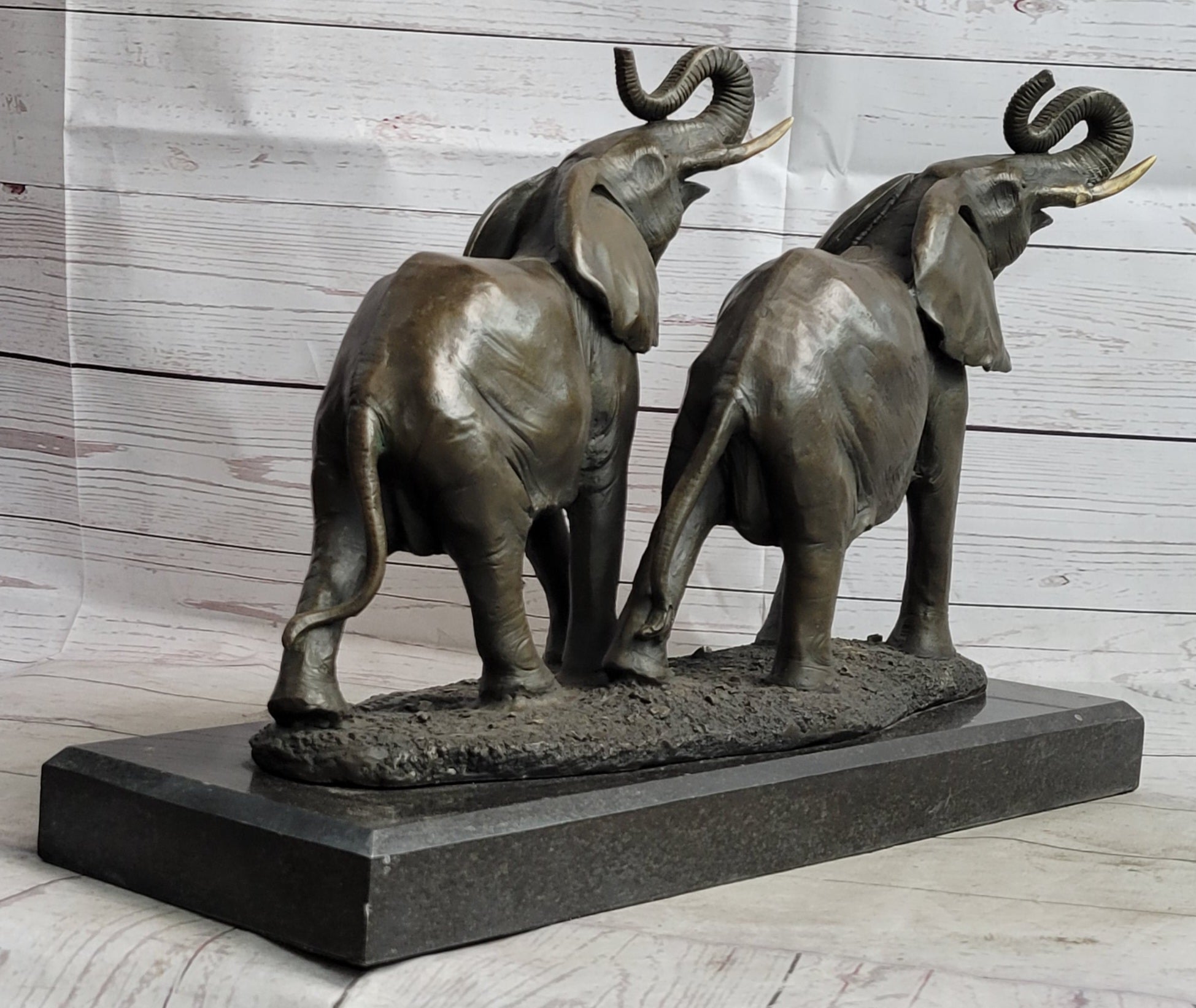 Two Trumpeting Elephants Bronze Metal Statue Sculpture Figure Decor on Marble Base