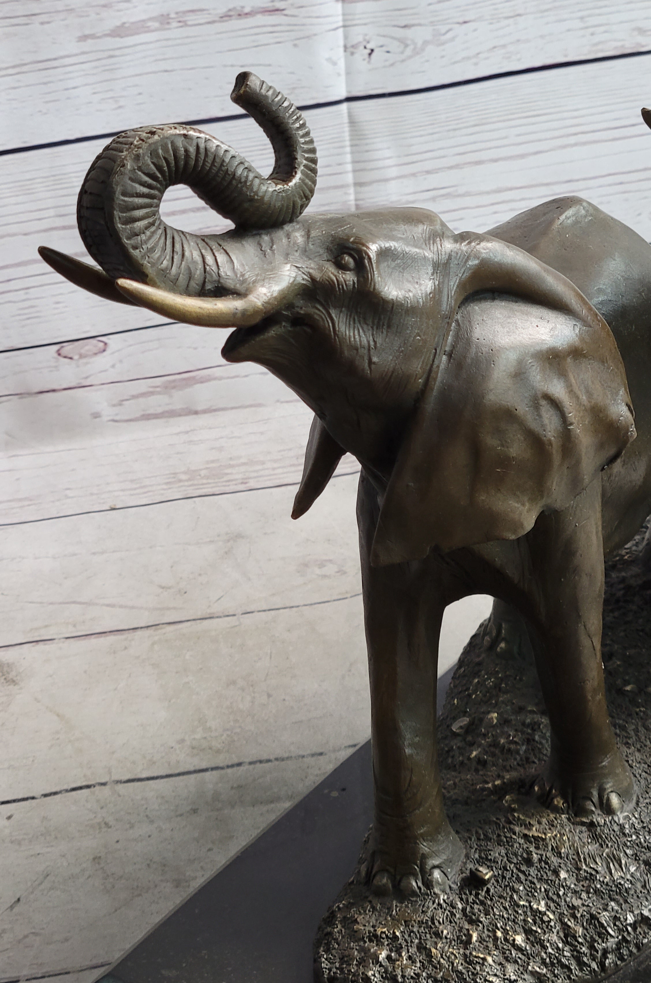 Two Trumpeting Elephants Bronze Metal Statue Sculpture Figure Decor on Marble Base