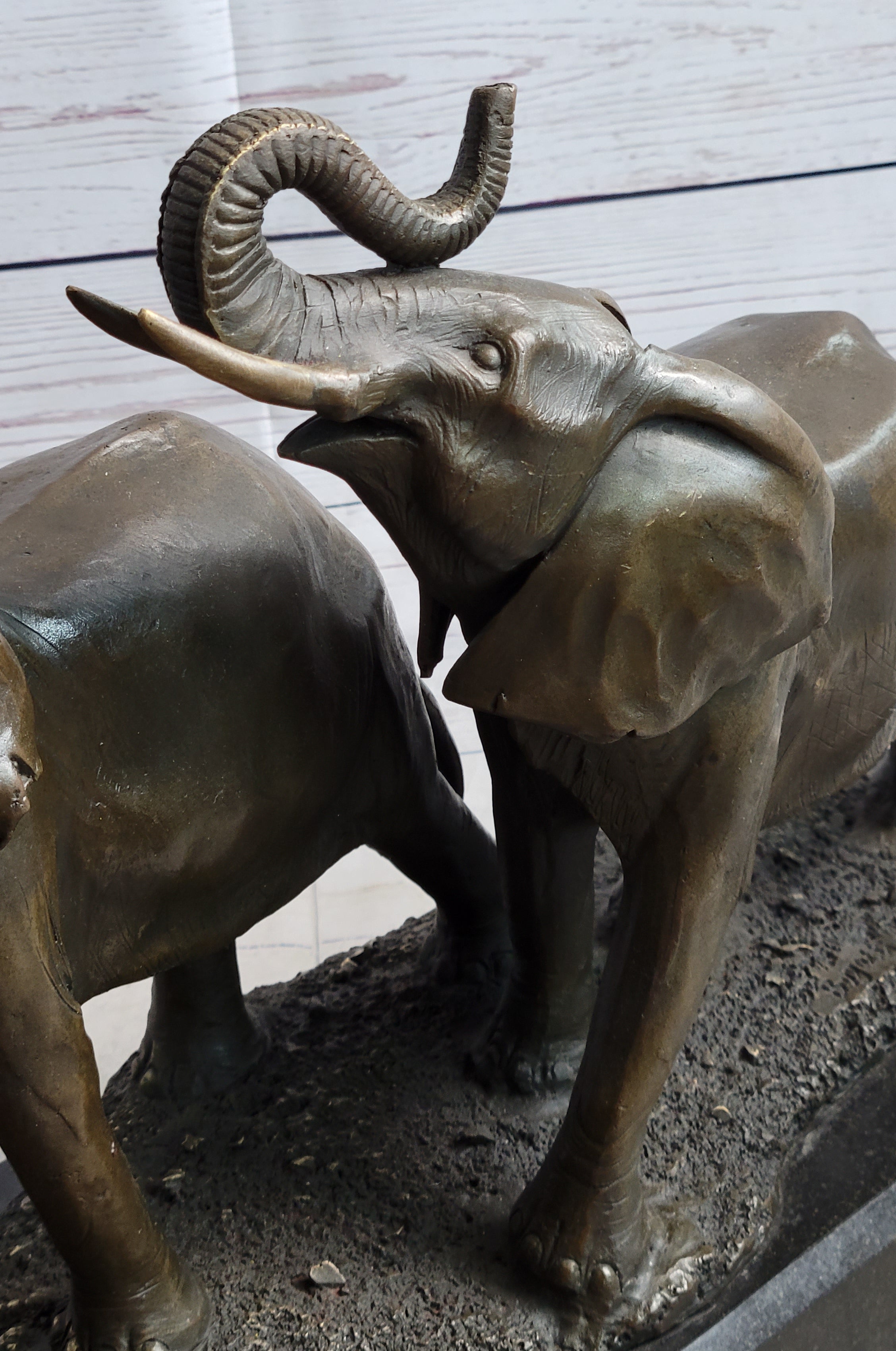 Two Trumpeting Elephants Bronze Metal Statue Sculpture Figure Decor on Marble Base