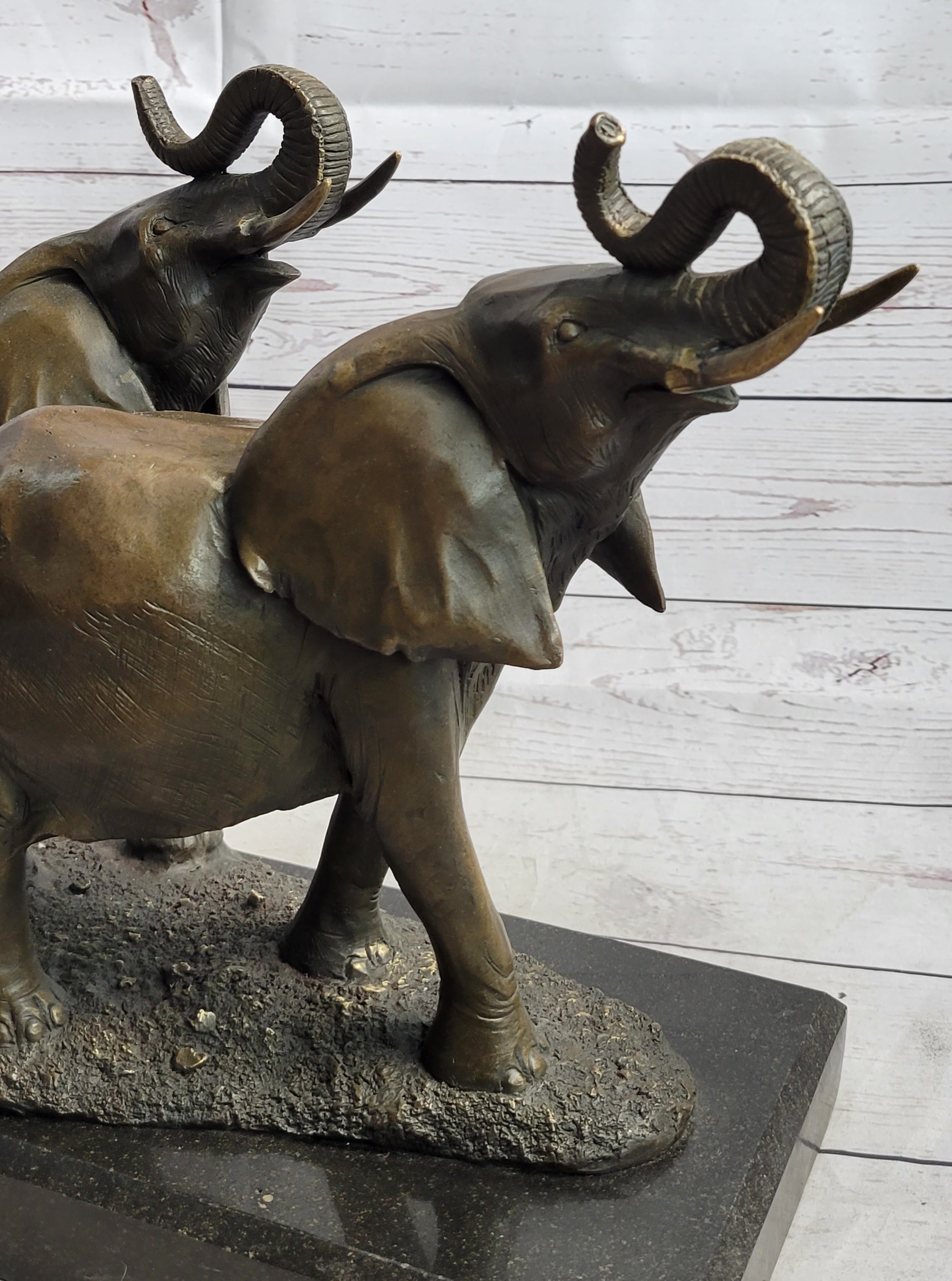 Two Trumpeting Elephants Bronze Metal Statue Sculpture Figure Decor on Marble Base