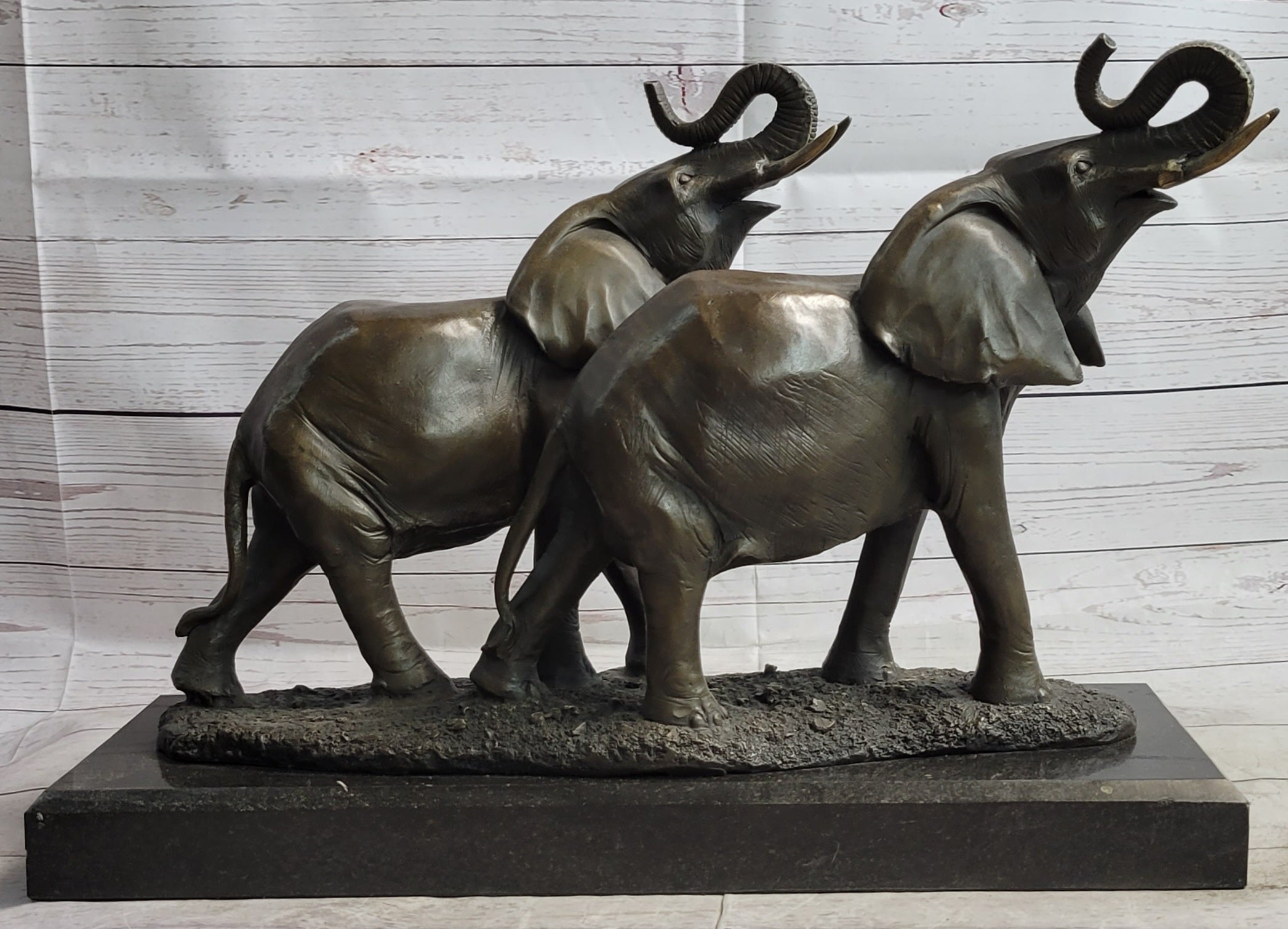 Two Trumpeting Elephants Bronze Metal Statue Sculpture Figure Decor on Marble Base