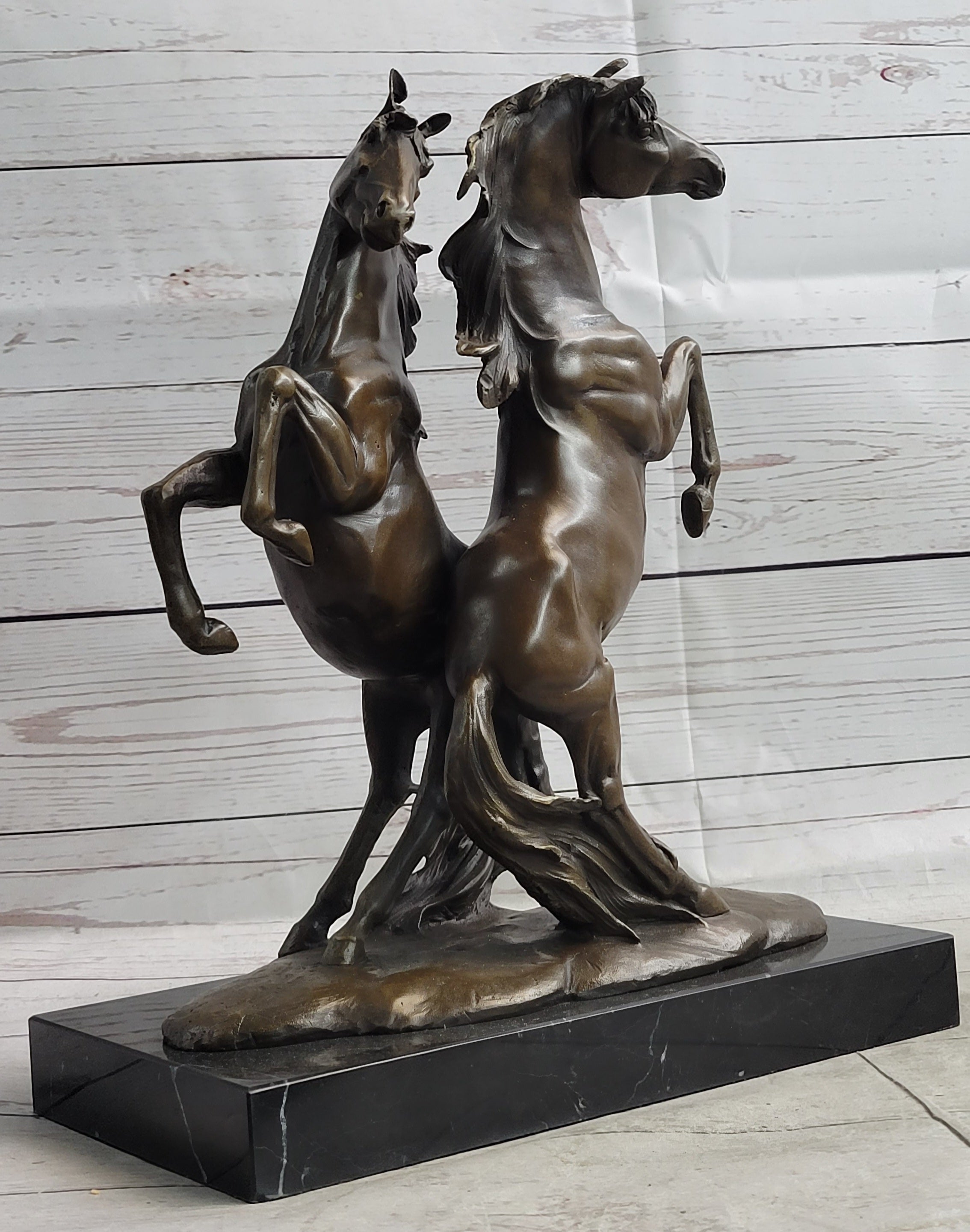 Two Rearing Stallions Horses Bronze Sculpture Statue Horse Lover Decor Signed Art on Marble Base