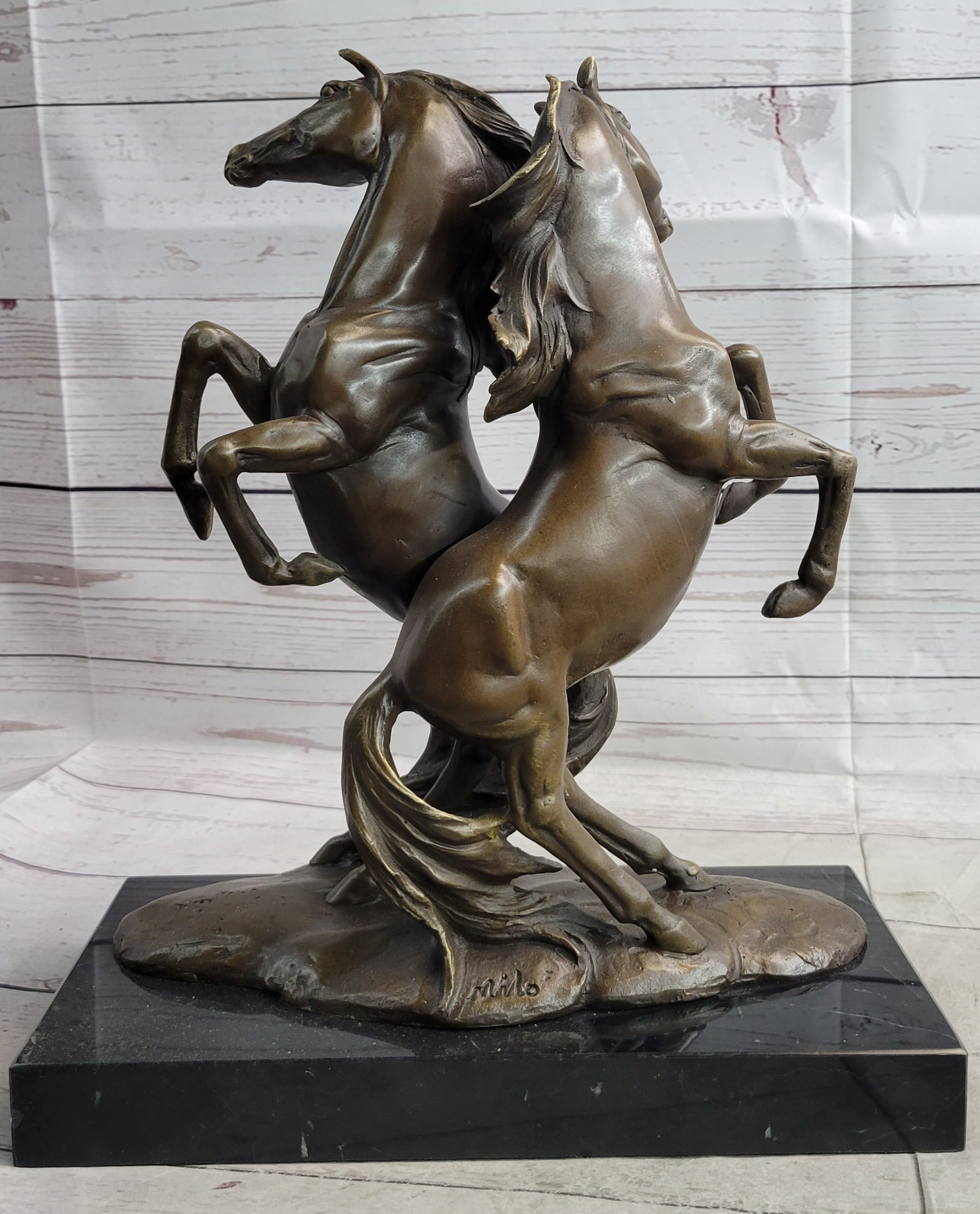 Two Rearing Stallions Horses Bronze Sculpture Statue Horse Lover Decor Signed Art on Marble Base