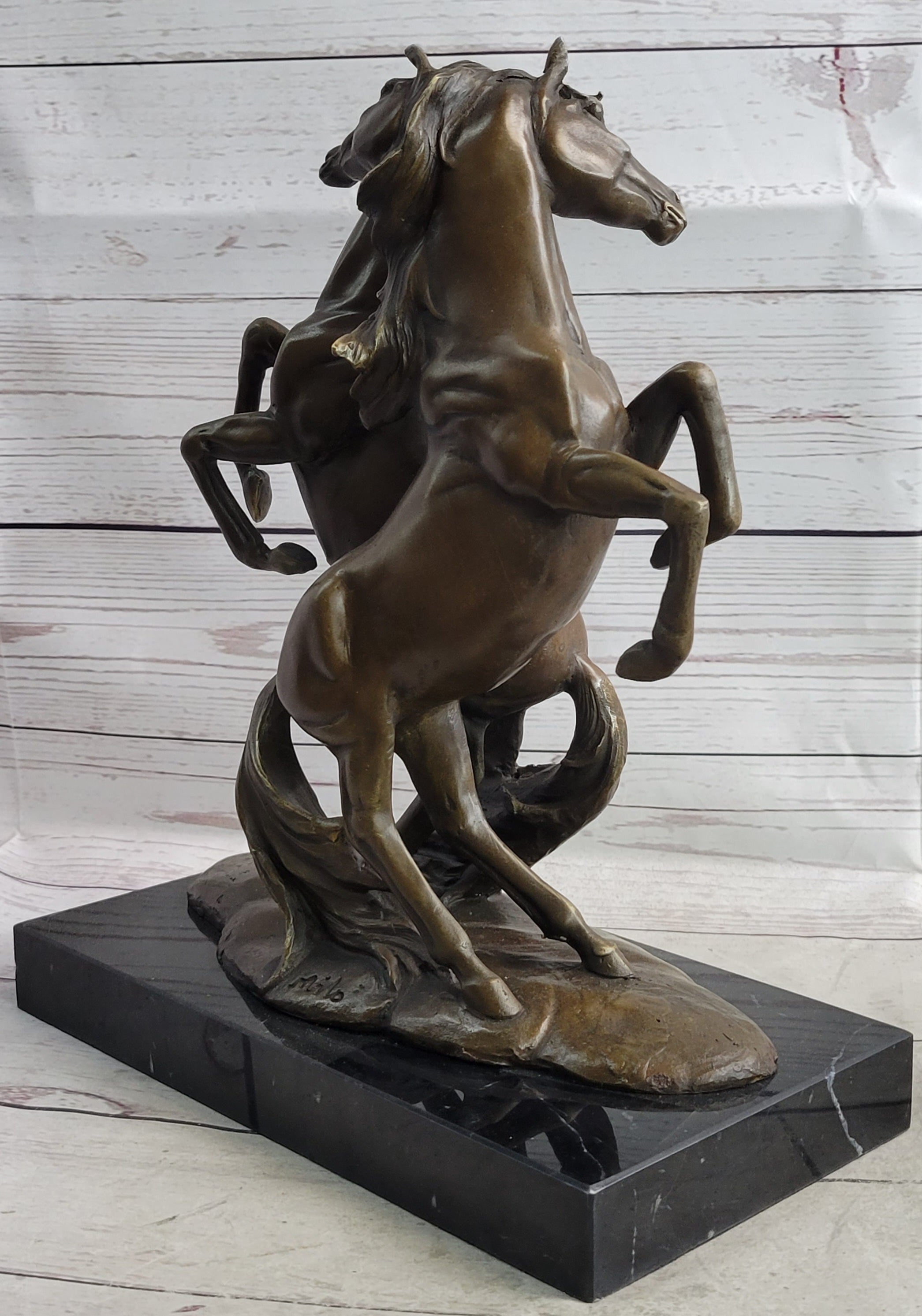 Two Rearing Stallions Horses Bronze Sculpture Statue Horse Lover Decor Signed Art on Marble Base