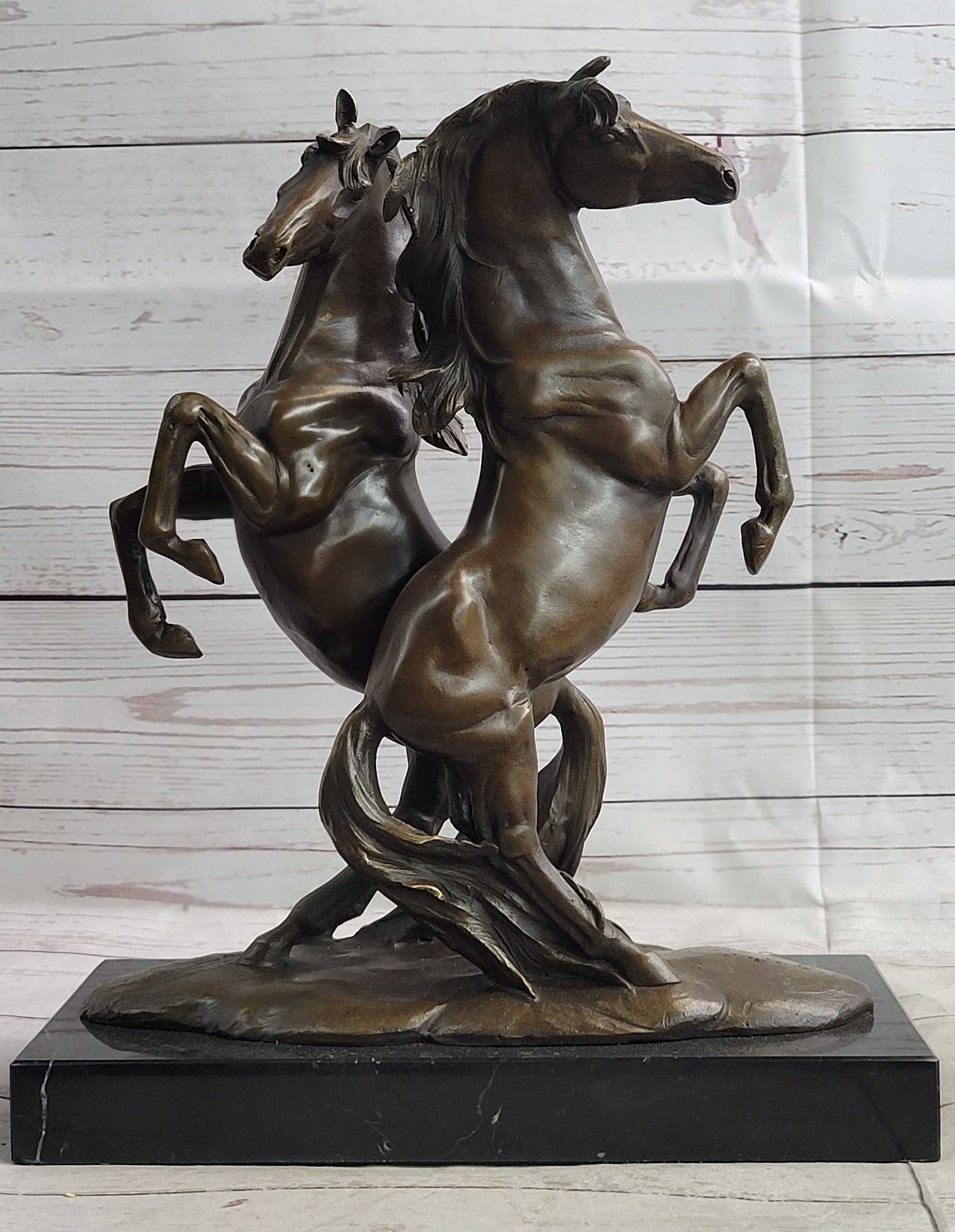 Two Rearing Stallions Horses Bronze Sculpture Statue Horse Lover Decor Signed Art on Marble Base