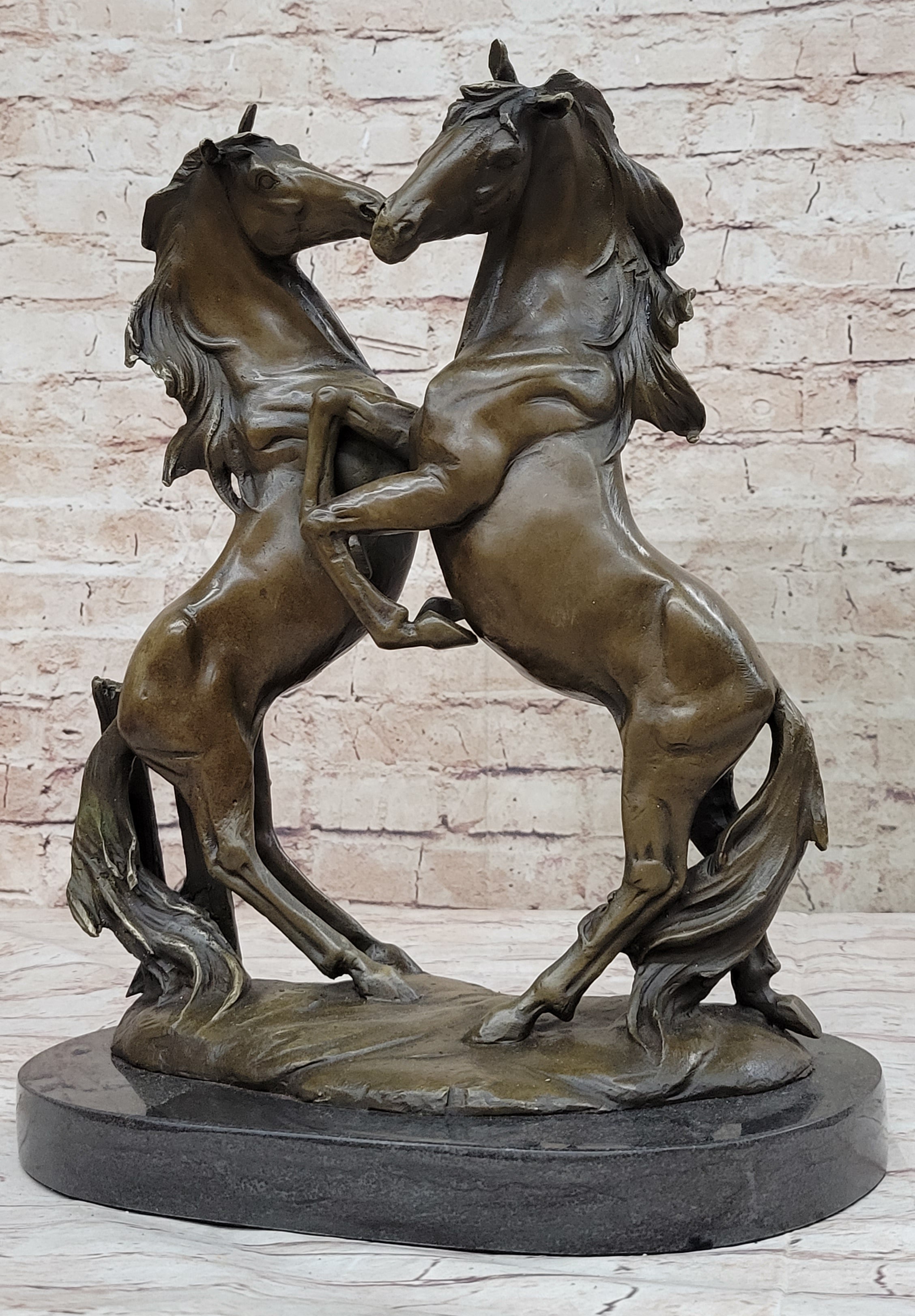 Dueling Stallion Horses Hot Cast Bronze Sculpture Statue Decor Original Art on Marble Base