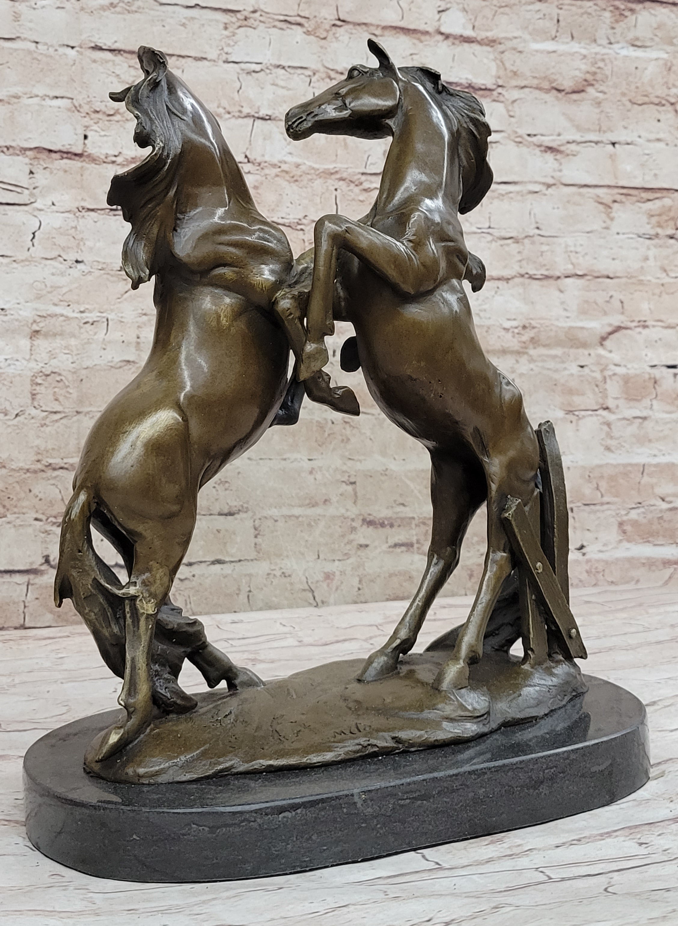 Dueling Stallion Horses Hot Cast Bronze Sculpture Statue Decor Original Art on Marble Base